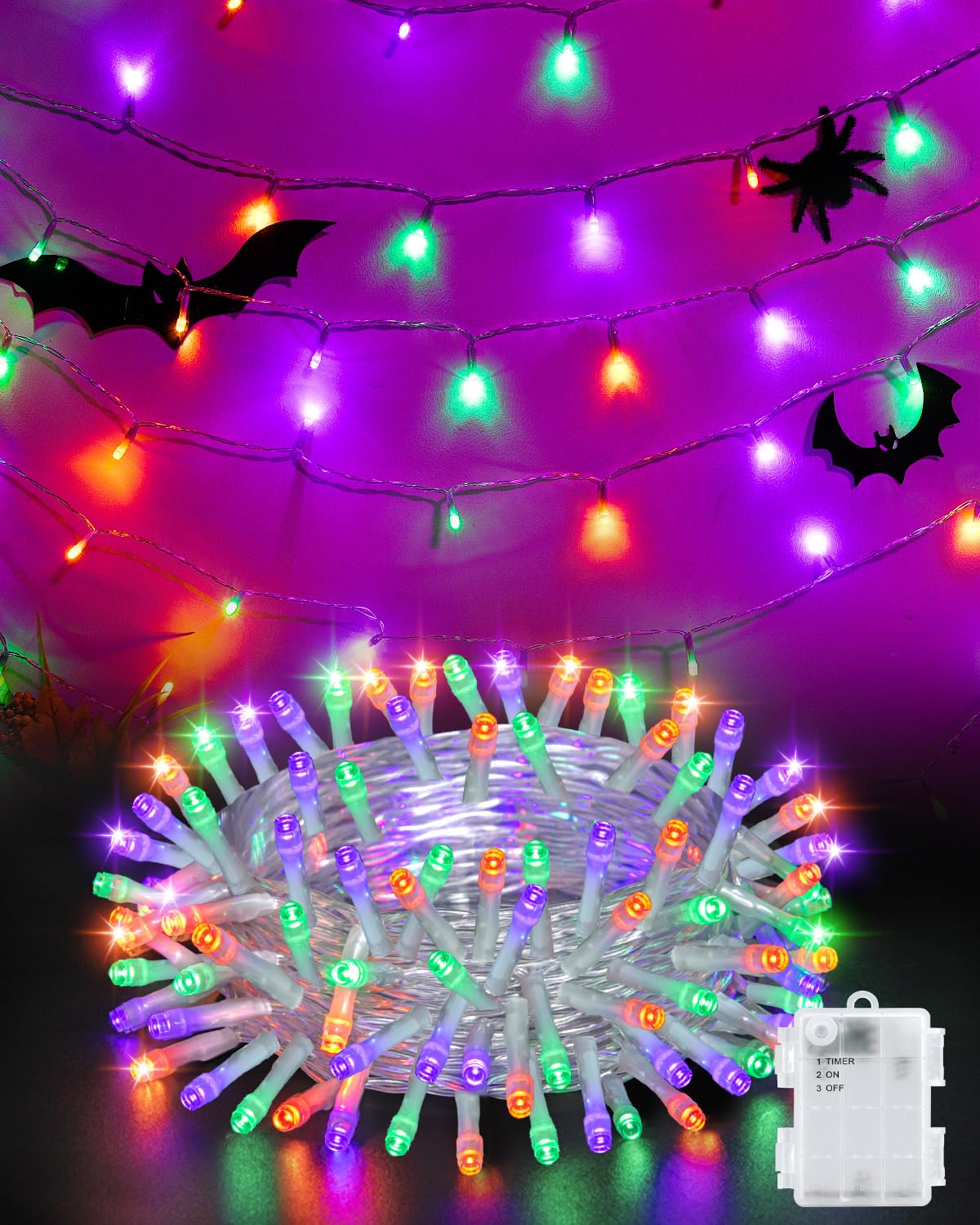 Kelumi Halloween String Lights Battery Operated  Orange Purple and Green Lights with Timer Waterproof 16.4ft 50 LED Halloween Decorations for Outdoor Indoor Patio Party Garden Yard Decor