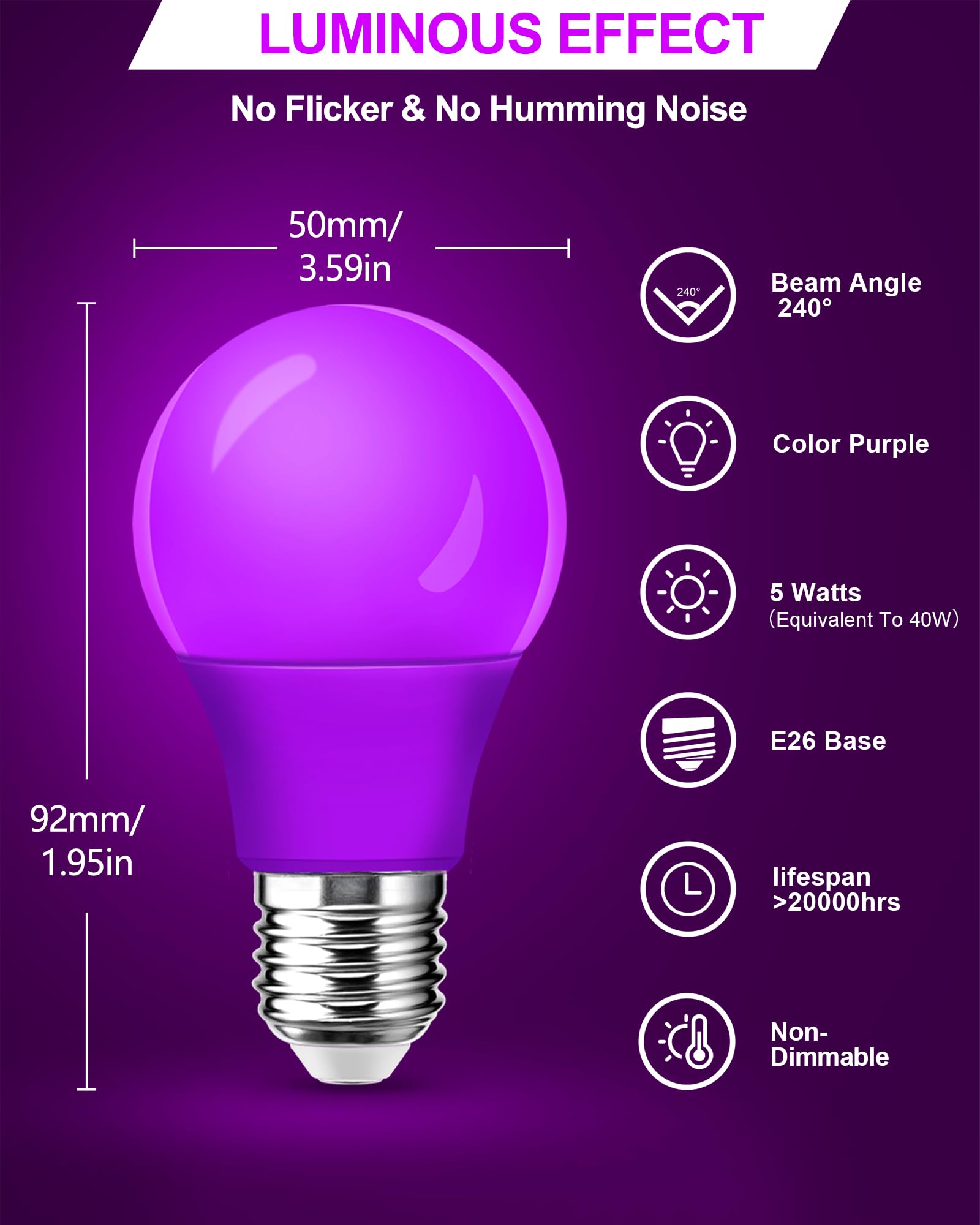 Flaspar 2 Pack Led Purple Light Bulbs For Halloween  40W Equivalent 5W E26 Base  Violet Lighting For Indoor&Outdoor  Christmas  Home Decor  Party&Holiday Decoration  Porch Lights  Non-Dimmable
