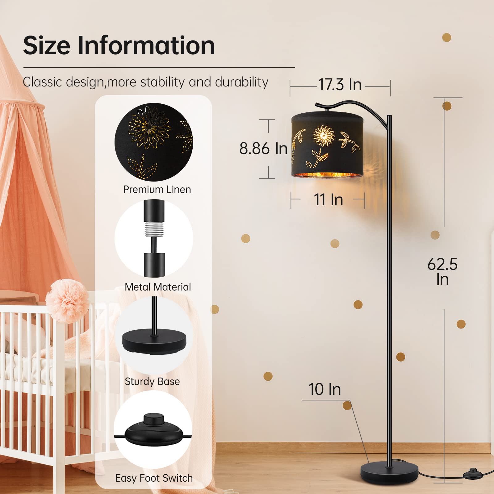 Boostarea Flower Shade Floor Lamp For Living Room,8W Led Arched,Tall Modern Standing Lamp,E26 Socket,Footswitch,Mid Century Floo