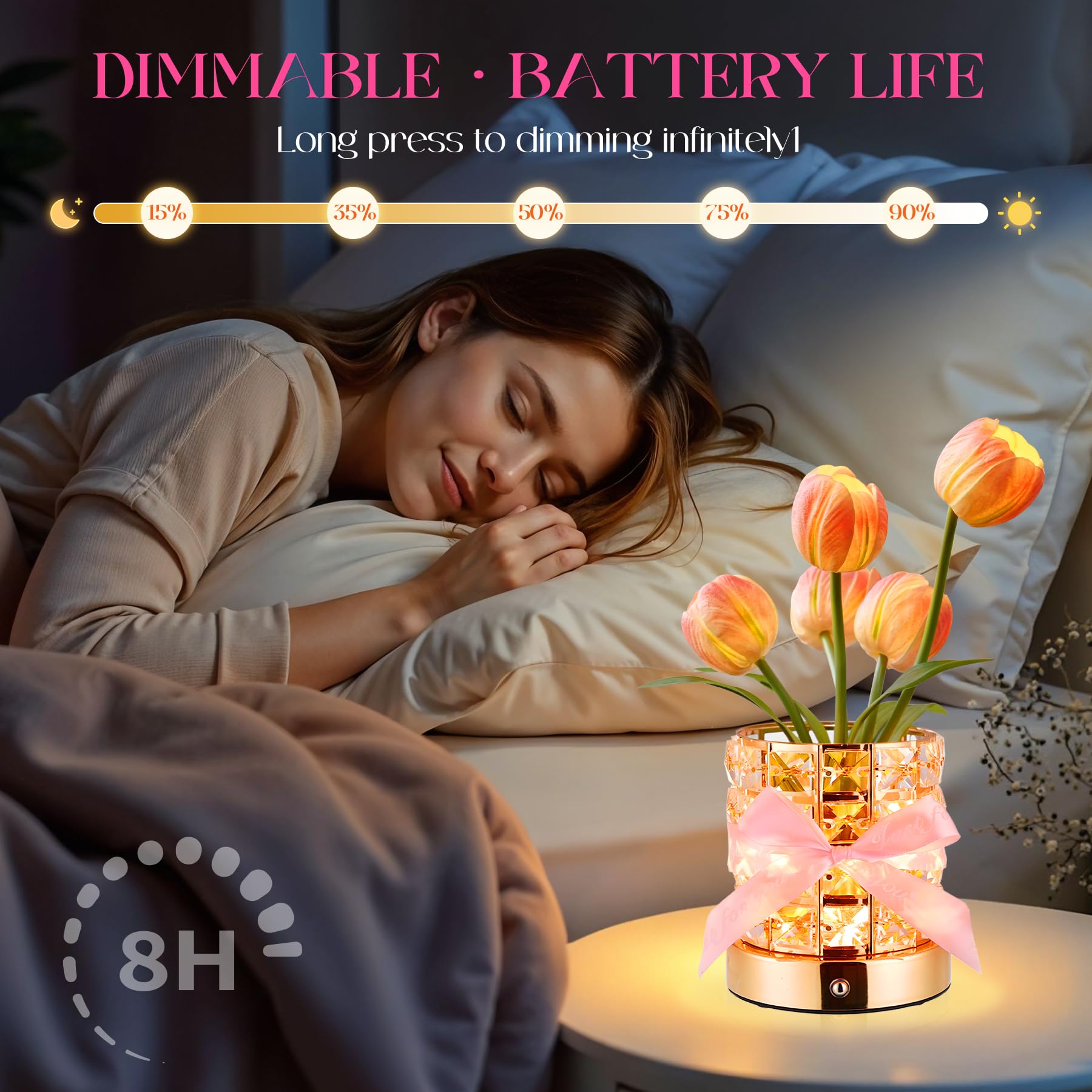 Mothers Day Gifts For For Mom/Birthday Gifts For Women, Flower Lamp Cordless Night Light Dimmable, Crystal Base With Usb Charge