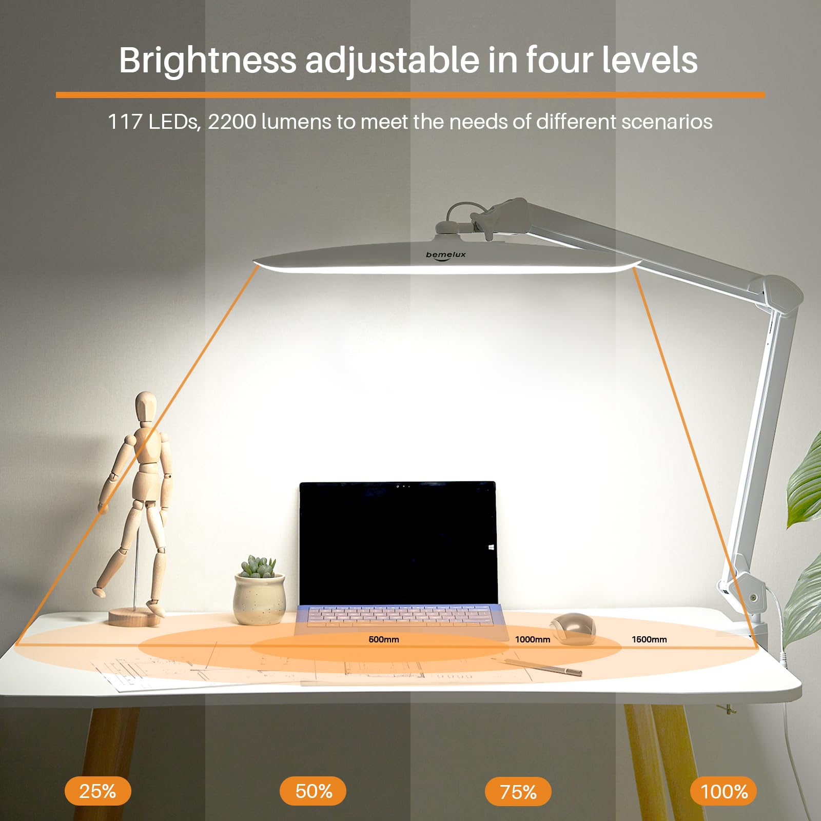 Bemelux 117Pcs Led Clamp Desk Lamp, 20 Inch Metal Swivel Arm With Protective Casing, 2200 Lumens, Dimmable Task Lamp For Reading, Office Work, Sewing, Study, And Crafts(White)