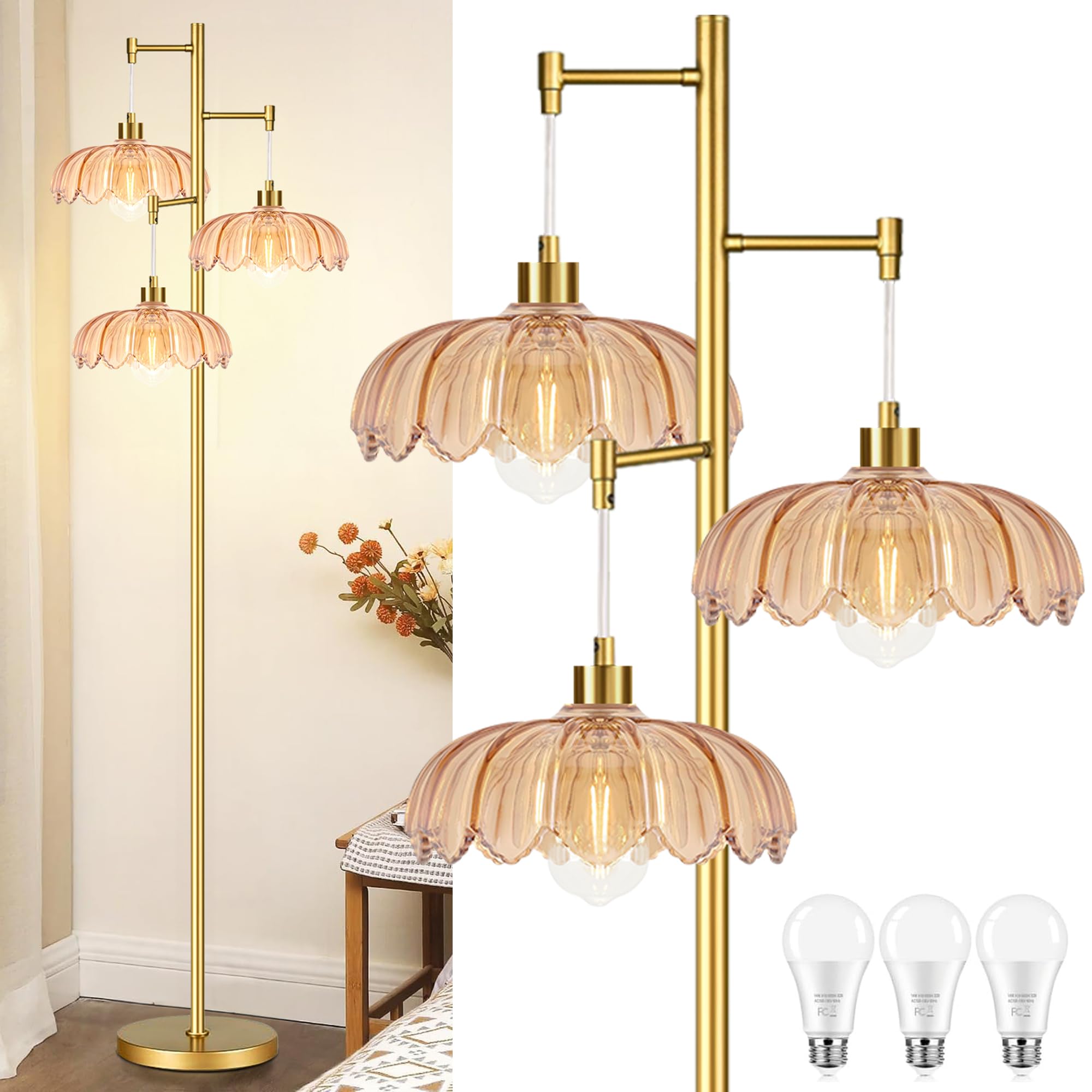 AHDWDW Gold Floor Lamp for Living Room Bedroom Modern Floor Lamps with Unique Amber Glass Shades 68IN Mid Century Tall Flower Standing Lamp Vintage 3 Lights Tree Floor Lamp for Corner Office Reading