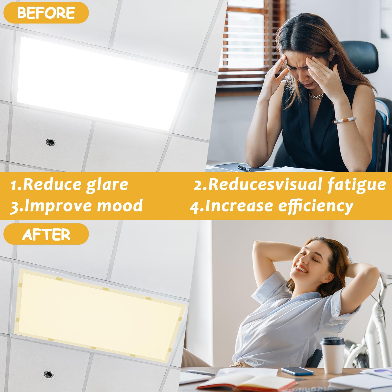 Wiooffen Fluorescent Light Covers 4x2 Feet Magnetic Filter Yellow Polyester, Model YM0801, 8 Pcs for Classroom & Office Use