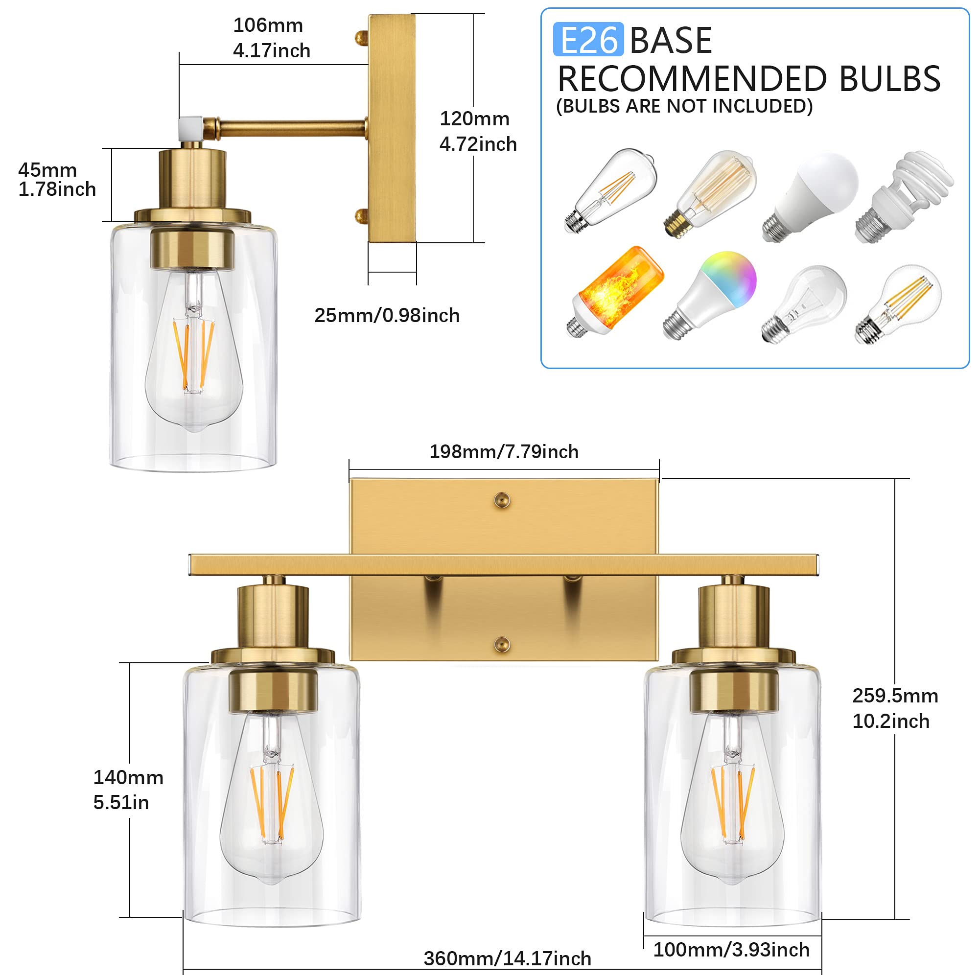 Shinetech 2-Light Gold Bathroom Vanity Fixtures, Modern Wall Lighting With Clear Glass, Brushed Brass Wall Sconce Light For Mirr