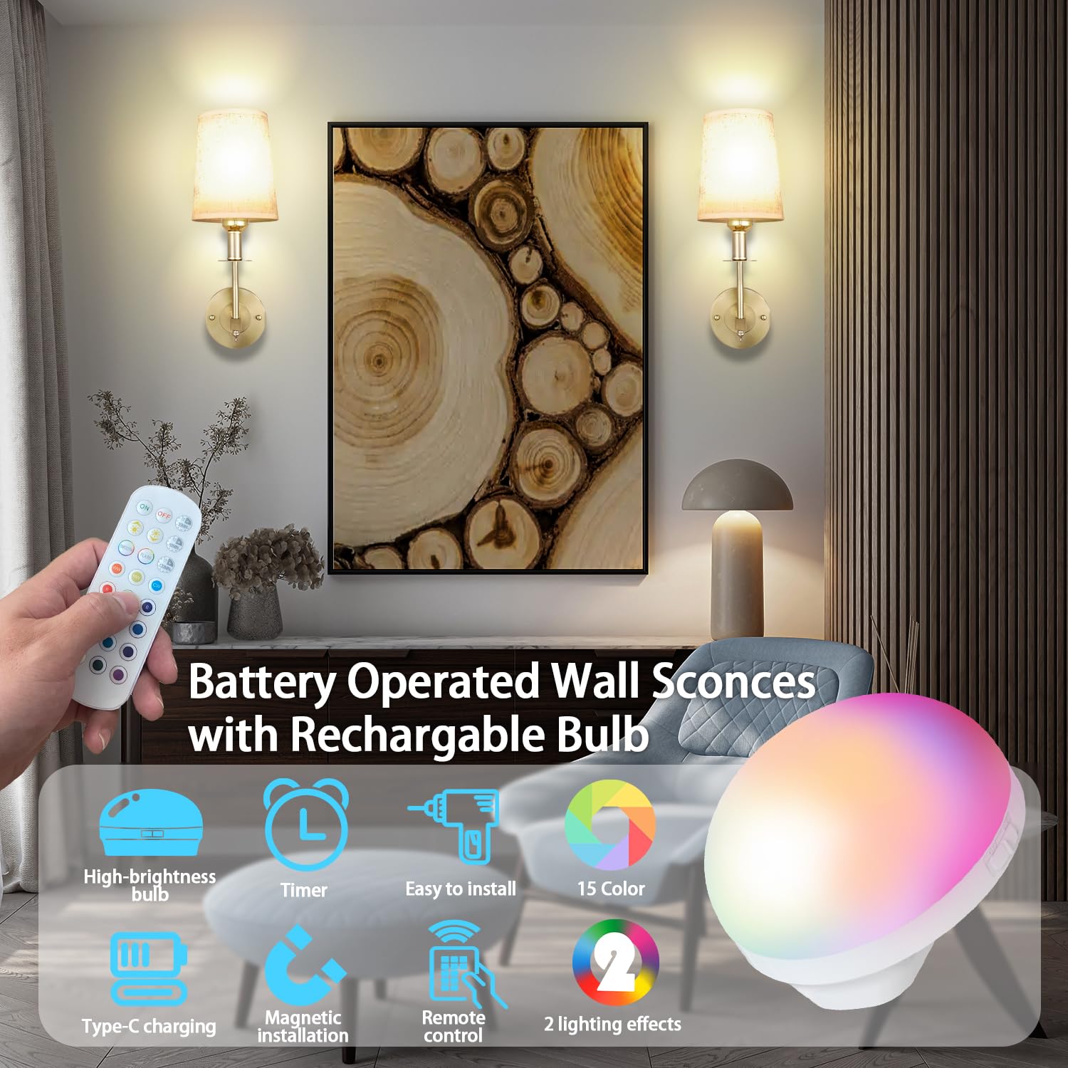 BIMEAN Battery Operated Wall Sconces Set of Two, Gold, Wireless RGB Bulb, Indoor Wall Mounted Lamp, Model L015D