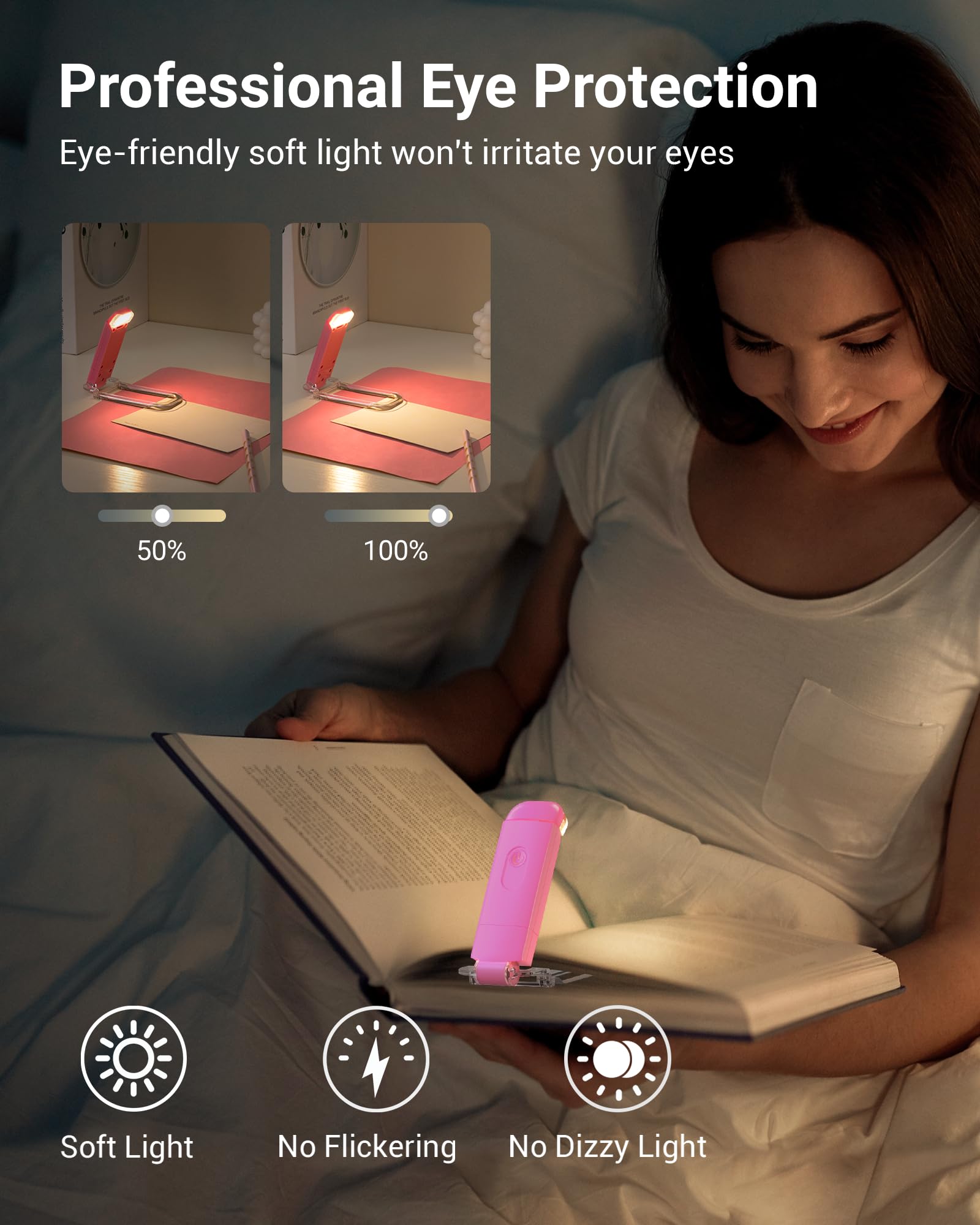 DEWENWILS LED Book Light - USB Rechargeable, Brightness Adjustable, Pink Clip-On Reading Light for Kids and Bookworms