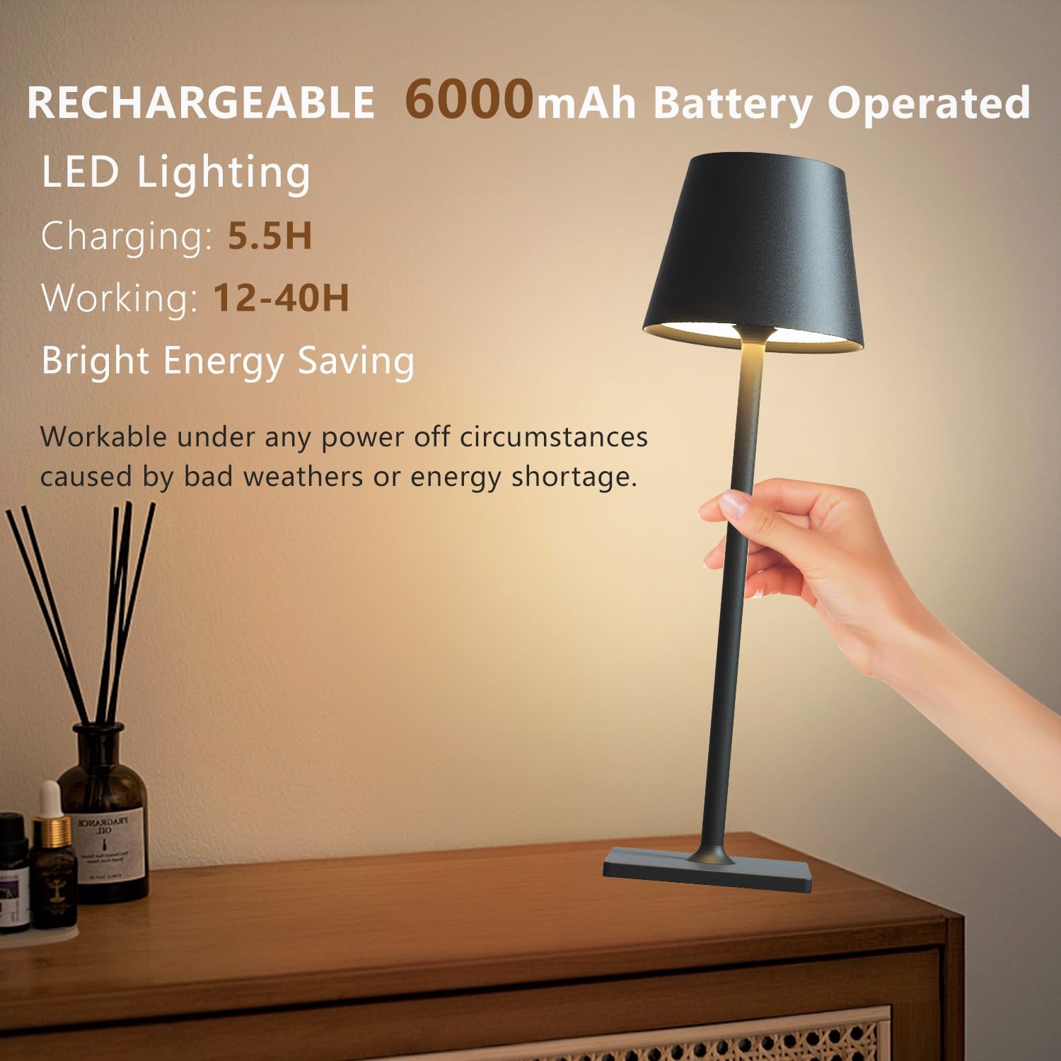 Whitepoplar Led Cordless Table Lamp: 6000Mah Rechargeable Battery Operated Desk Lamp, 3 Color Stepless Dimmable Touch Lamp, Ip65