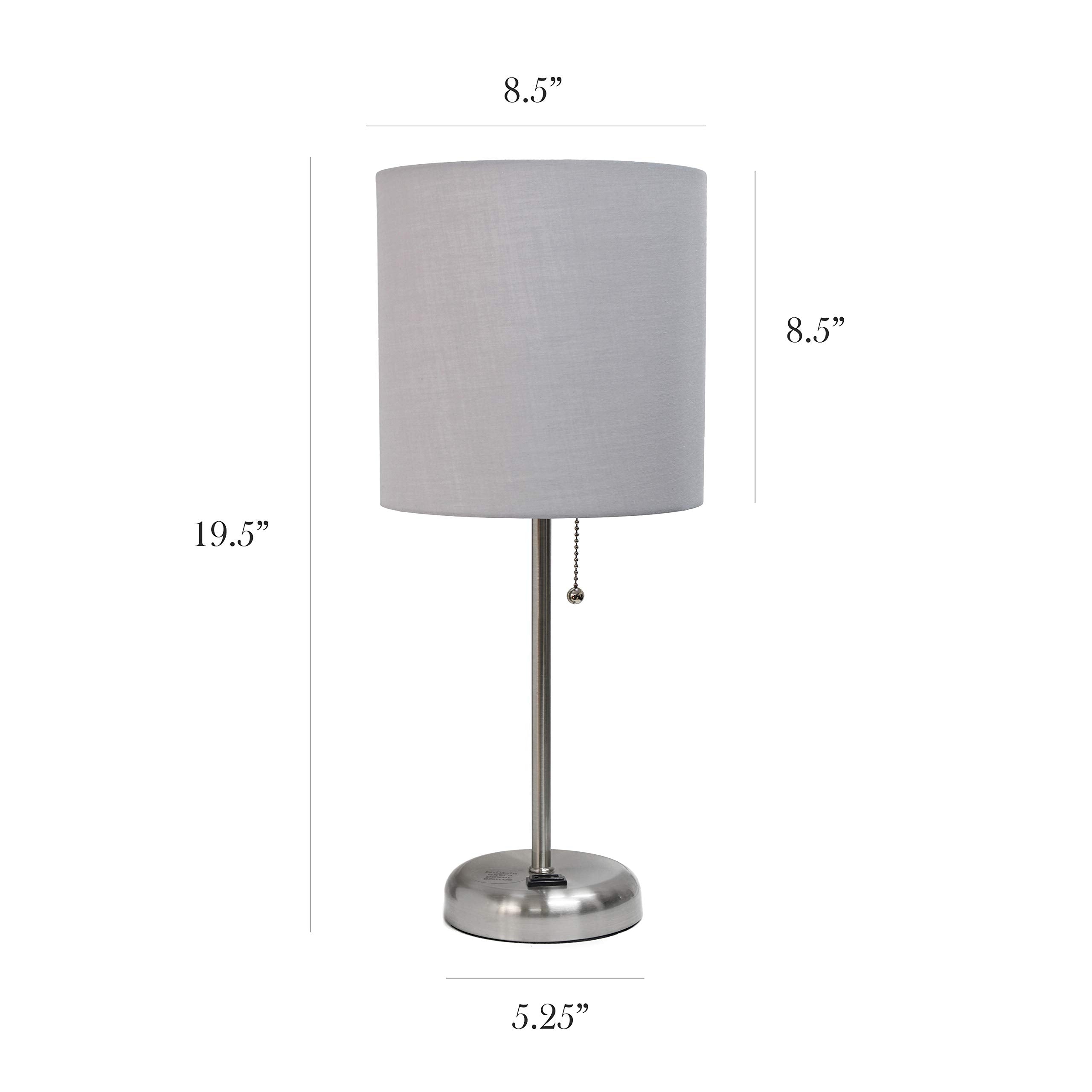 Simple Designs Lc2001-Gry-2Pk Brushed Steel Stick Table Lamp Set With Charging Outlet And Gray Fabric Shades, 2 Pack Set