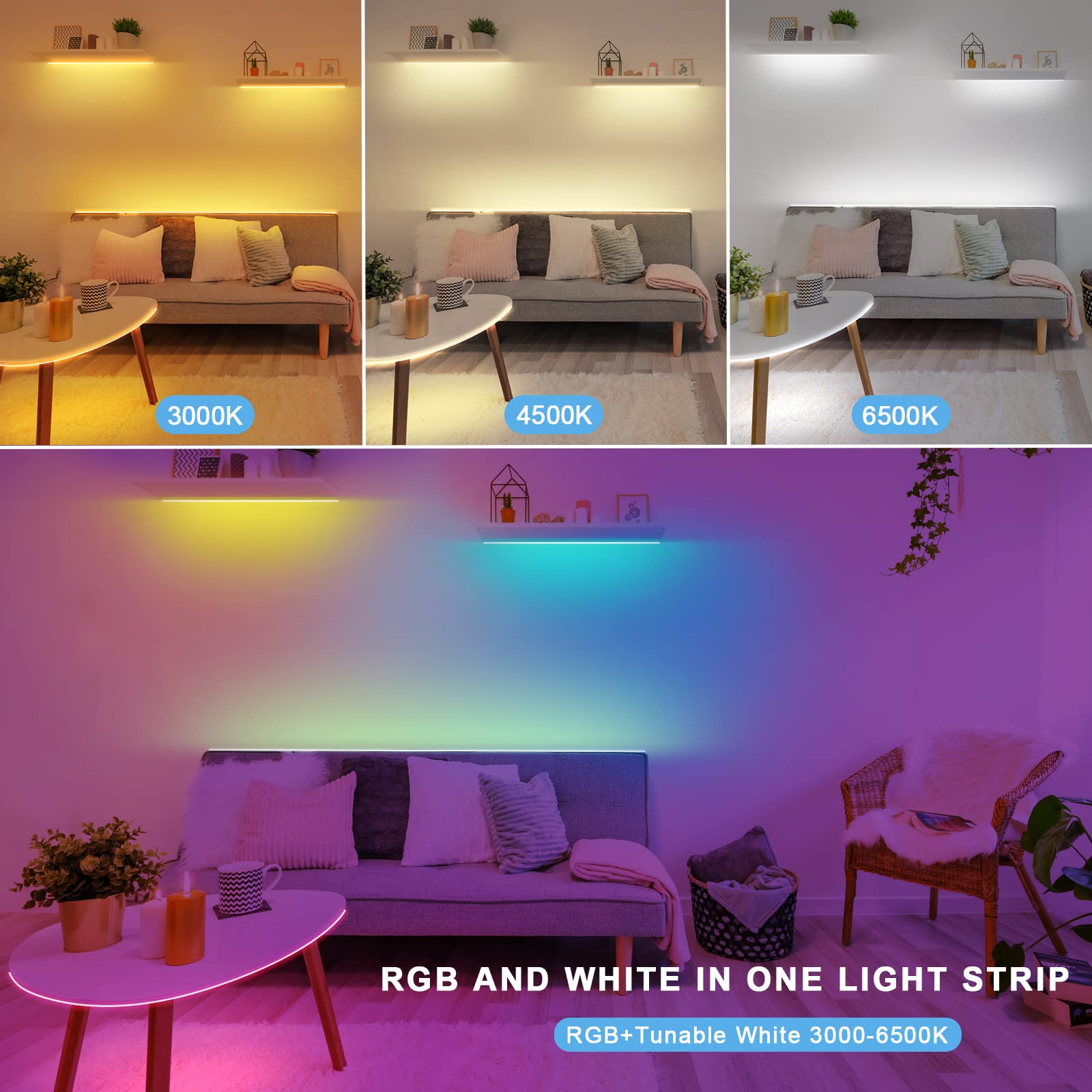 Tatazone Rgbww Bluetooth Led Strip Lights, 16.4Ft Tunable White 3000K To 6500K+Rgb Led Light Strips, Music Sync Color Changing I