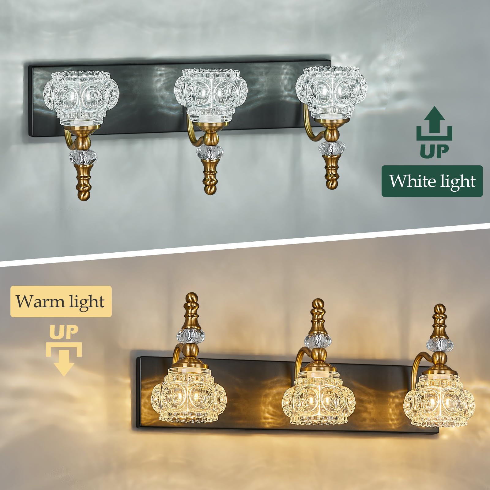 LBSQJ Modern Glass Crystal Bathroom Light Fixtures, 3-Light Vanity Light, Black Gold, Model 493