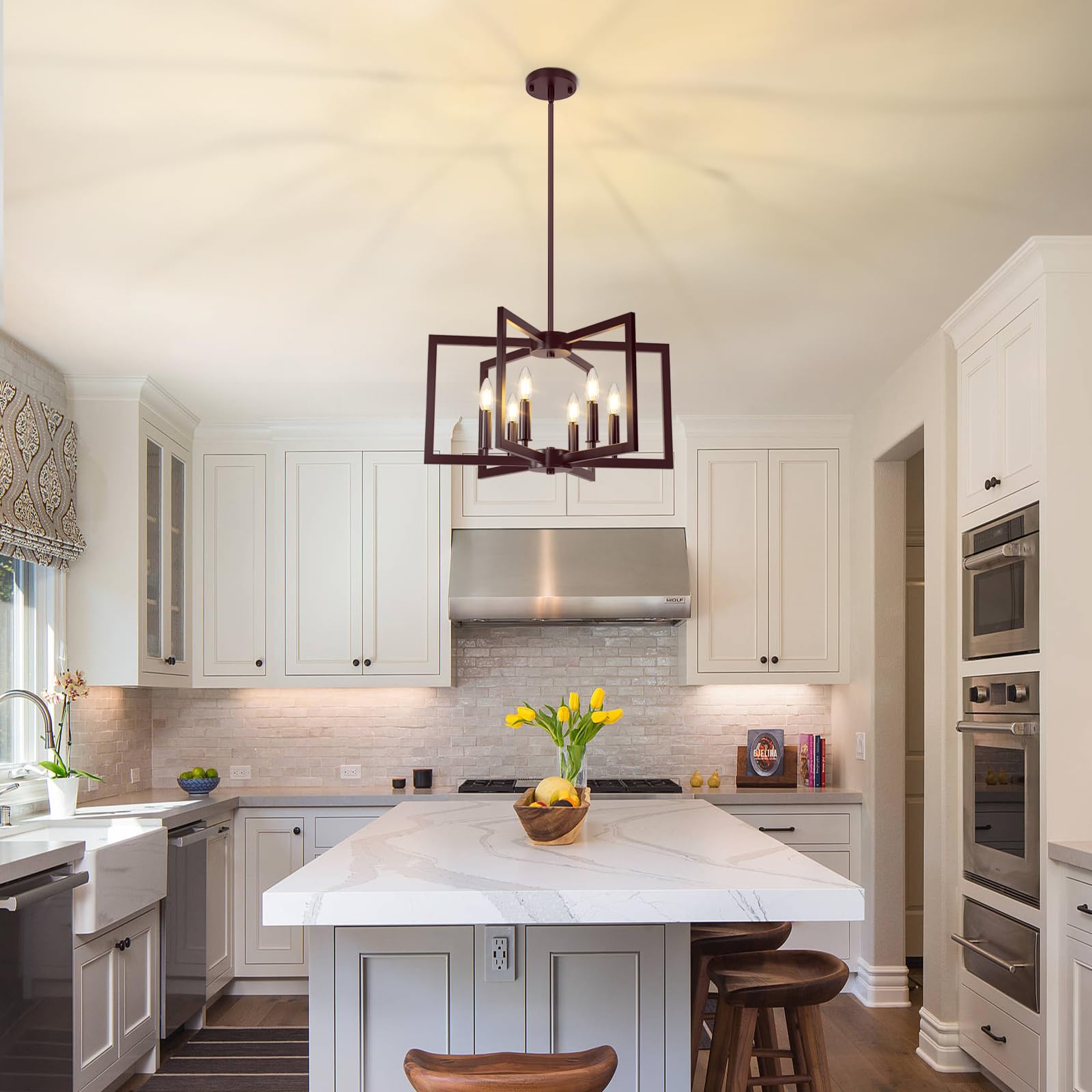 6-Light Oil-Rubbed Bronze Chandelier, Farmhouse Dining Room Light Fixture, Modern Chandelier, Geometric Industrial Metal Hang Li