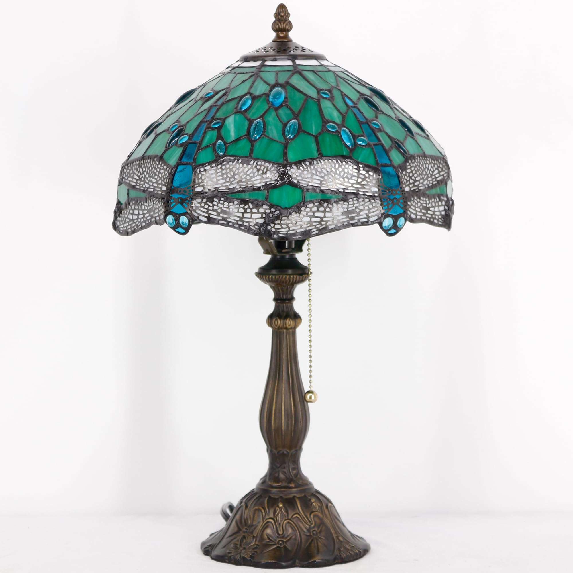 Zjart Tiffany Table Lamp Stained Glass Lamp 12X12X19 Inch Antique Reading Light (Green Dragonfly)