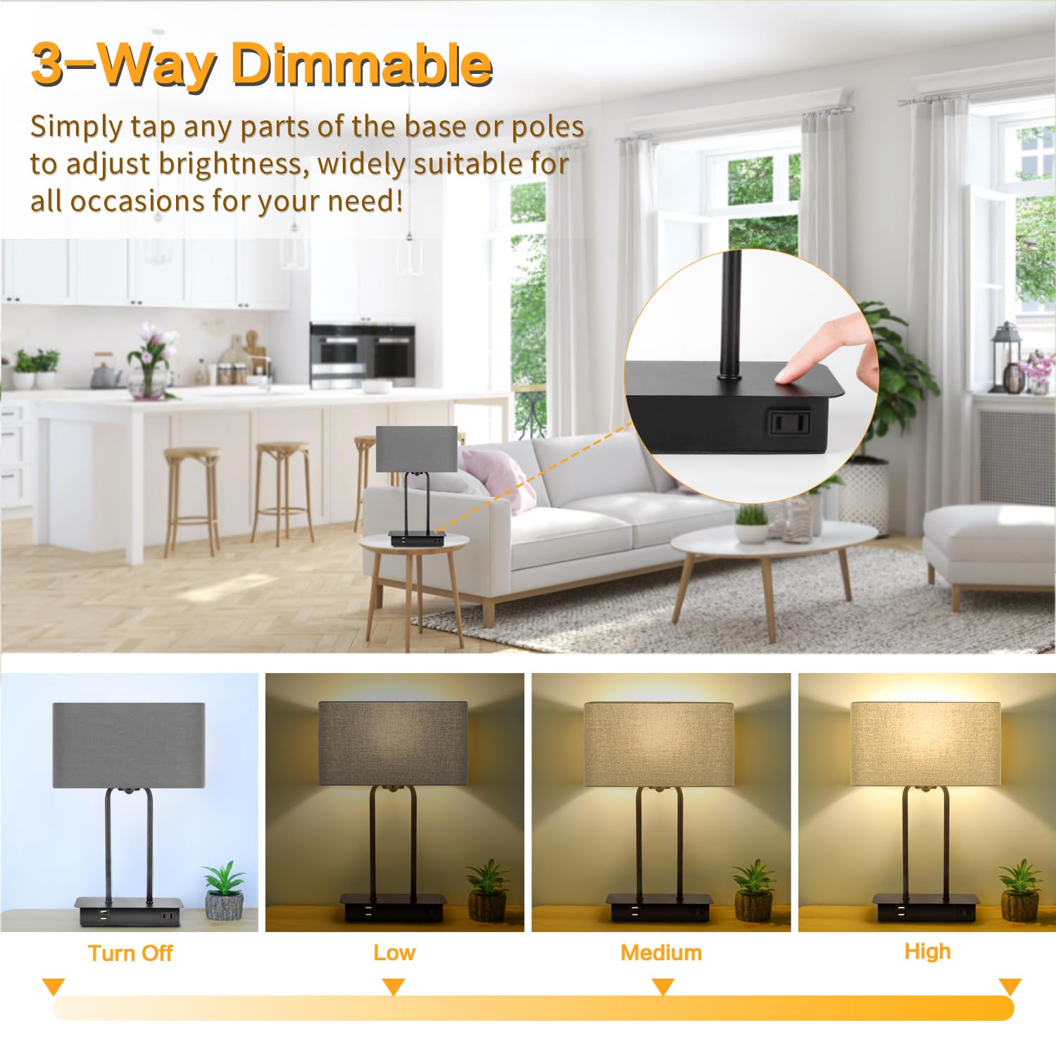 3-Way Dimmable Touch Control Table Lamp With Usb Ports And Ac Power Outlet Modern Bedside Nightstand Lamp Fabric Shade And Metal