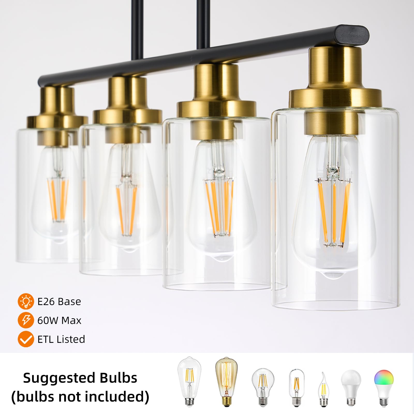 KPIOK 4-Light Farmhouse Dining Room Chandelier - Matte Black & Gold, Glass Shades, Industrial Pendant Lighting, Model BB003P-