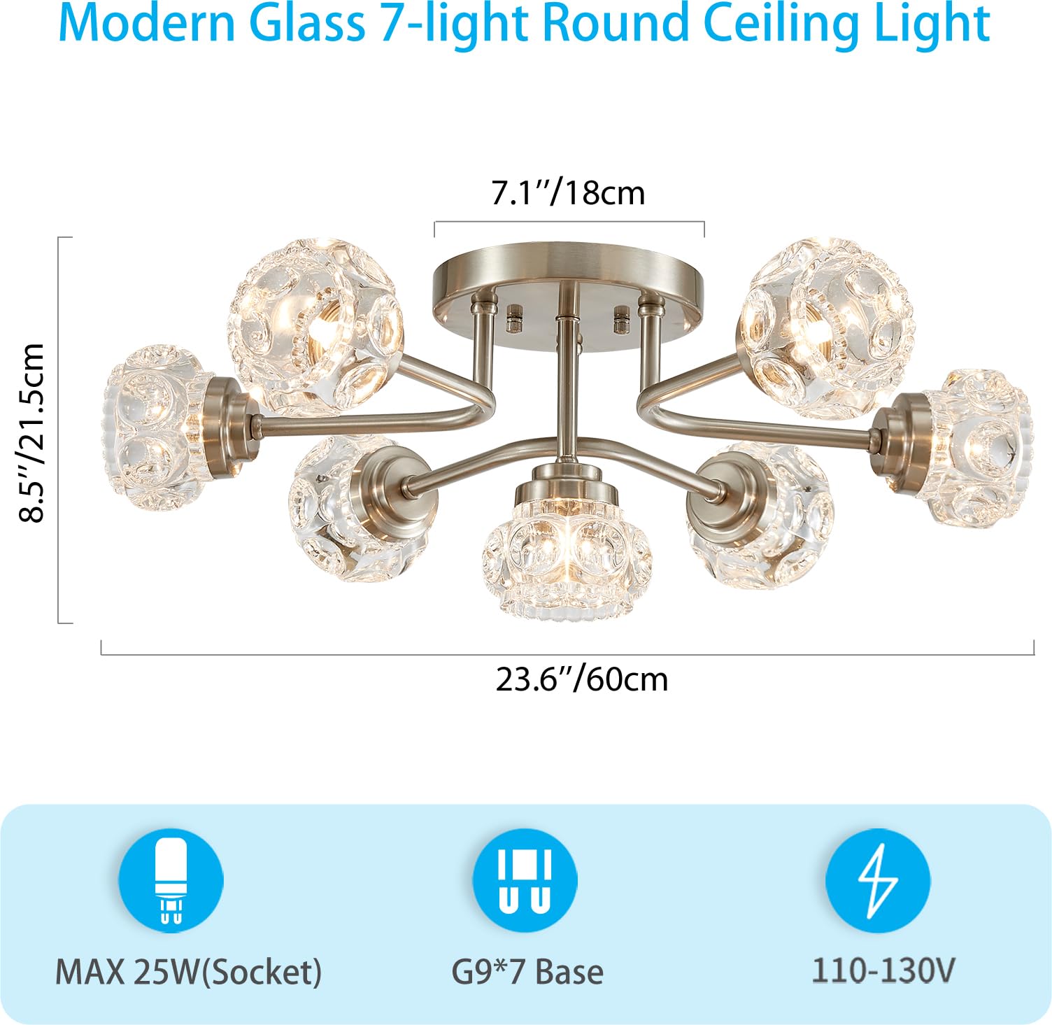 XINGQI Modern Sputnik 7-Light Ceiling Light Fixture, Brushed Nickel Chandelier for Dining Room, Bedroom, Kitchen, Model MXY002-BN