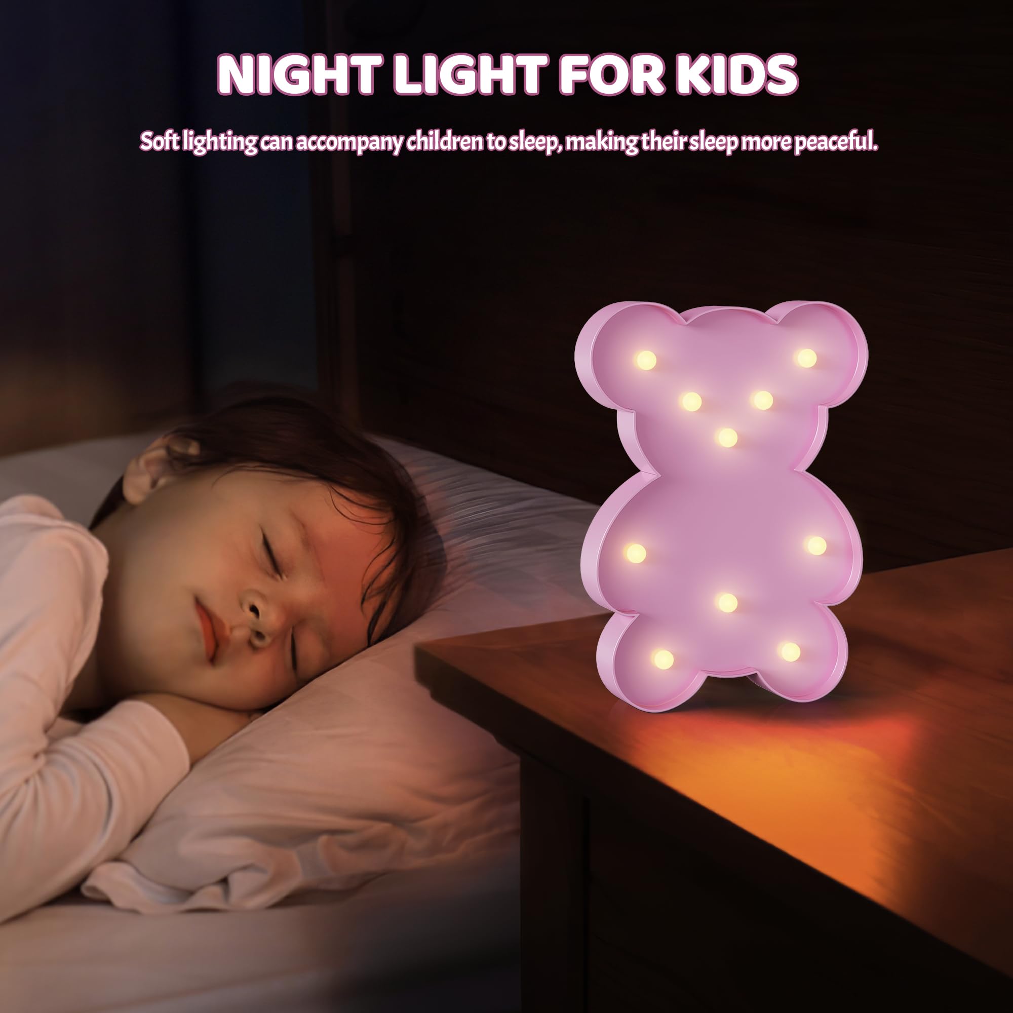 Ganrami Pink Bear Decor, Battery Powered Bear Night Light for Kids, Pink Party Decorations, Baby Night Light for Bedroom, Toddle