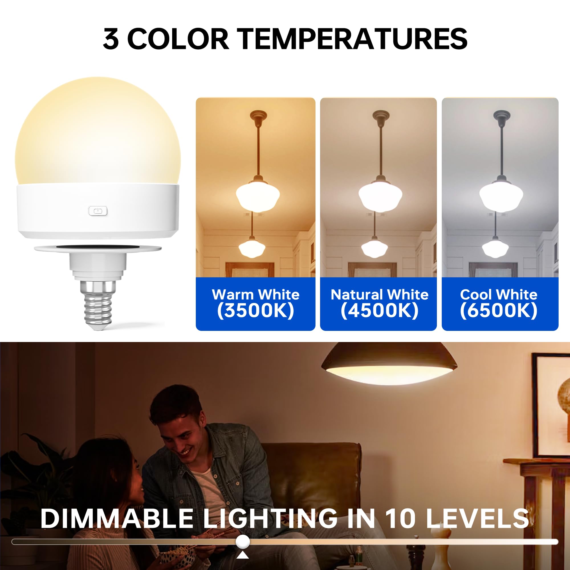 KINDEEP Rechargeable LED Night Light Bulb with Remote, 3000mAh, 3 Color Temperatures, 12 RGB Colors, Wireless, White, 2pcs