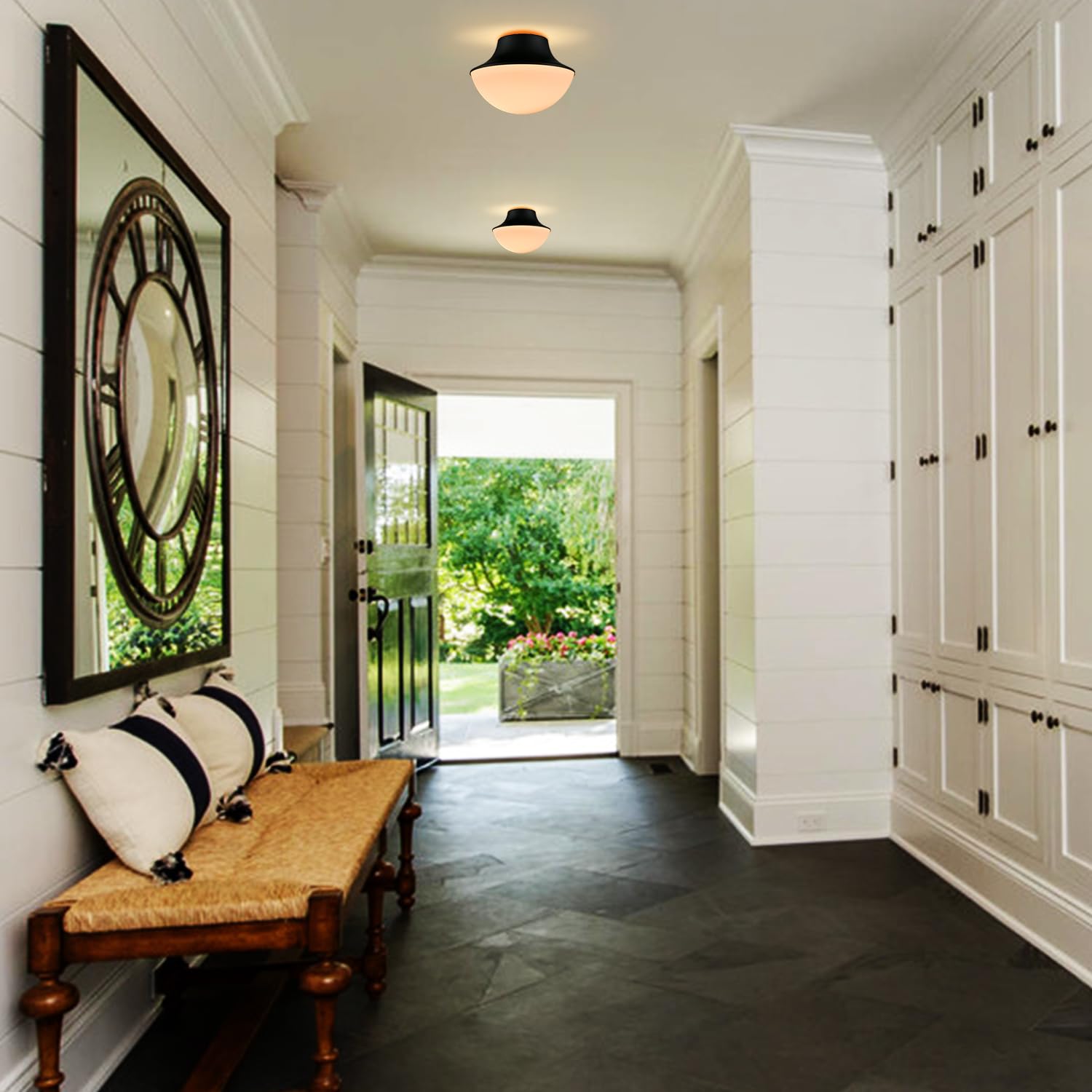 Tengiants Modern Matte Black Semi Flush Mount Ceiling Light Fixture Industrial Metal Round Bowl Shape Milk Glass Light Fixture C