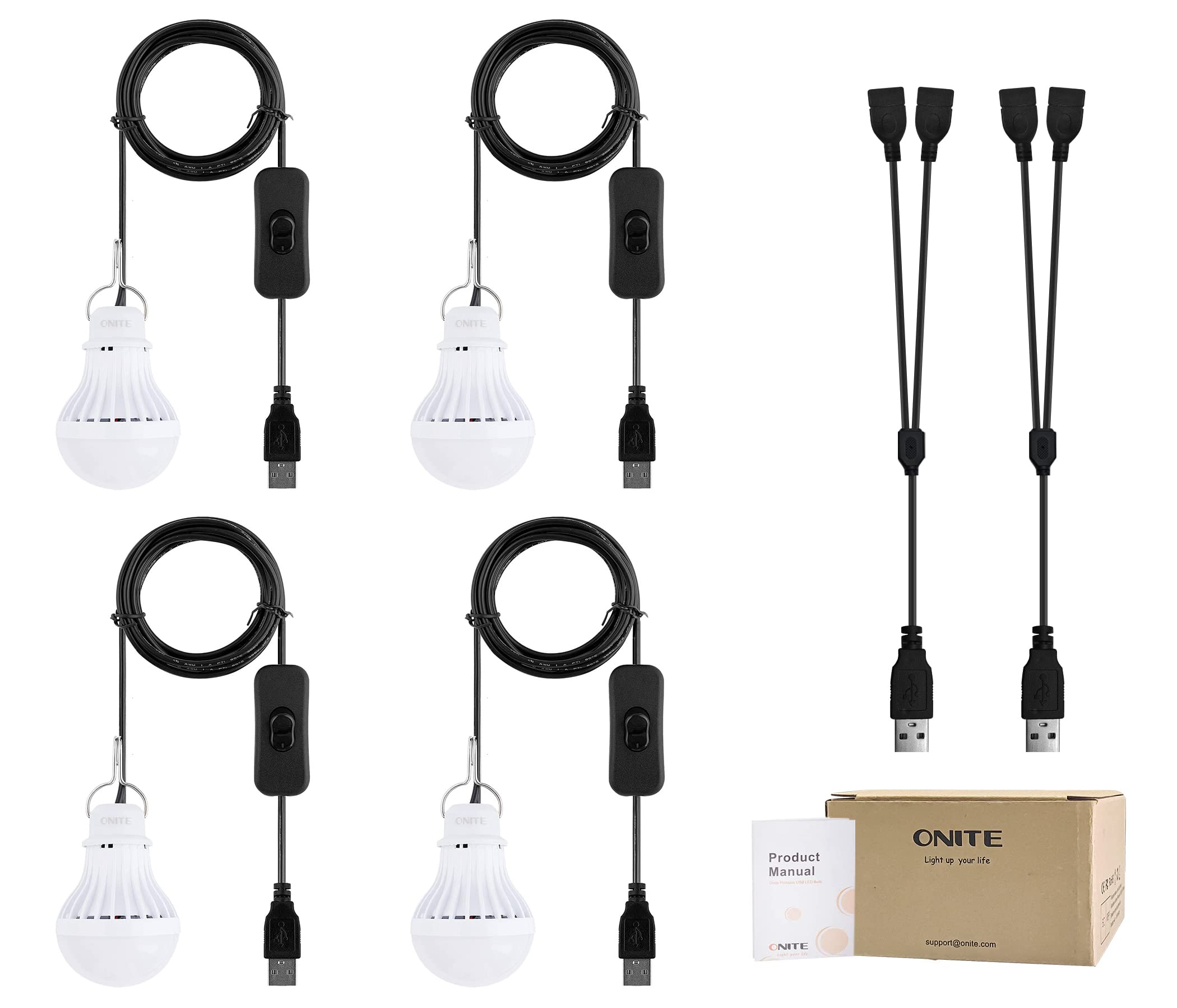 Onite 4-Pack Usb Camping Lantern, Portable Led Light Bulb W/ Y-Spliter Cable, High Brightness, Low Energy Consumption, For Power Outage, Hurricane Season, Outdoor Patio, Bbq, Hiking Lighting, Tent