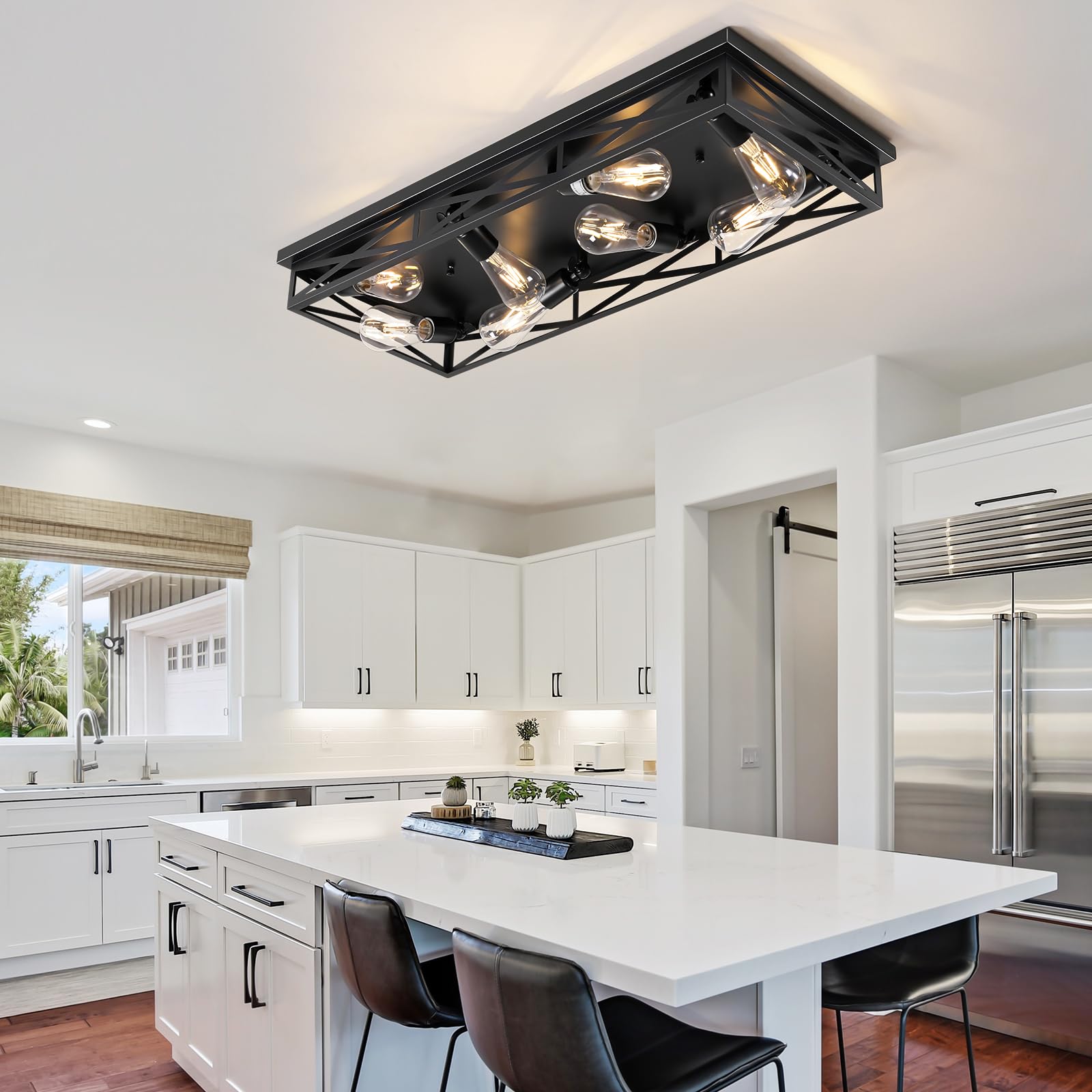 DIKAIDA 8-Light Flush Mount Ceiling Light Fixture, 31in Metal Cage, Black, Farmhouse Style for Bedroom Kitchen Hallway Entryway