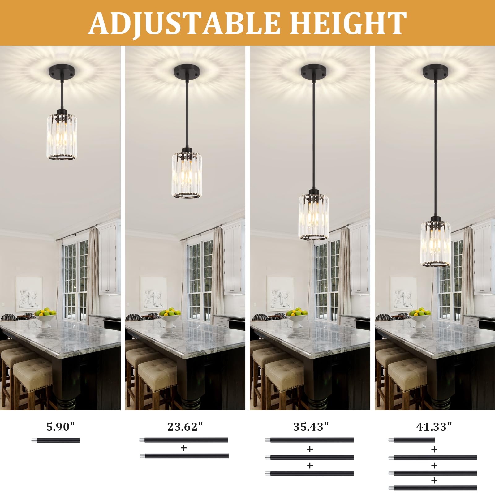 Zsmihdoh 3 Pack Black Pendant Light  Modern Crystal Pendant Lights Kitchen Island Lighting  Hanging Light Fixtures Mini Chandelier Pendant Lights For Island Dining Room Hallway Bedroom