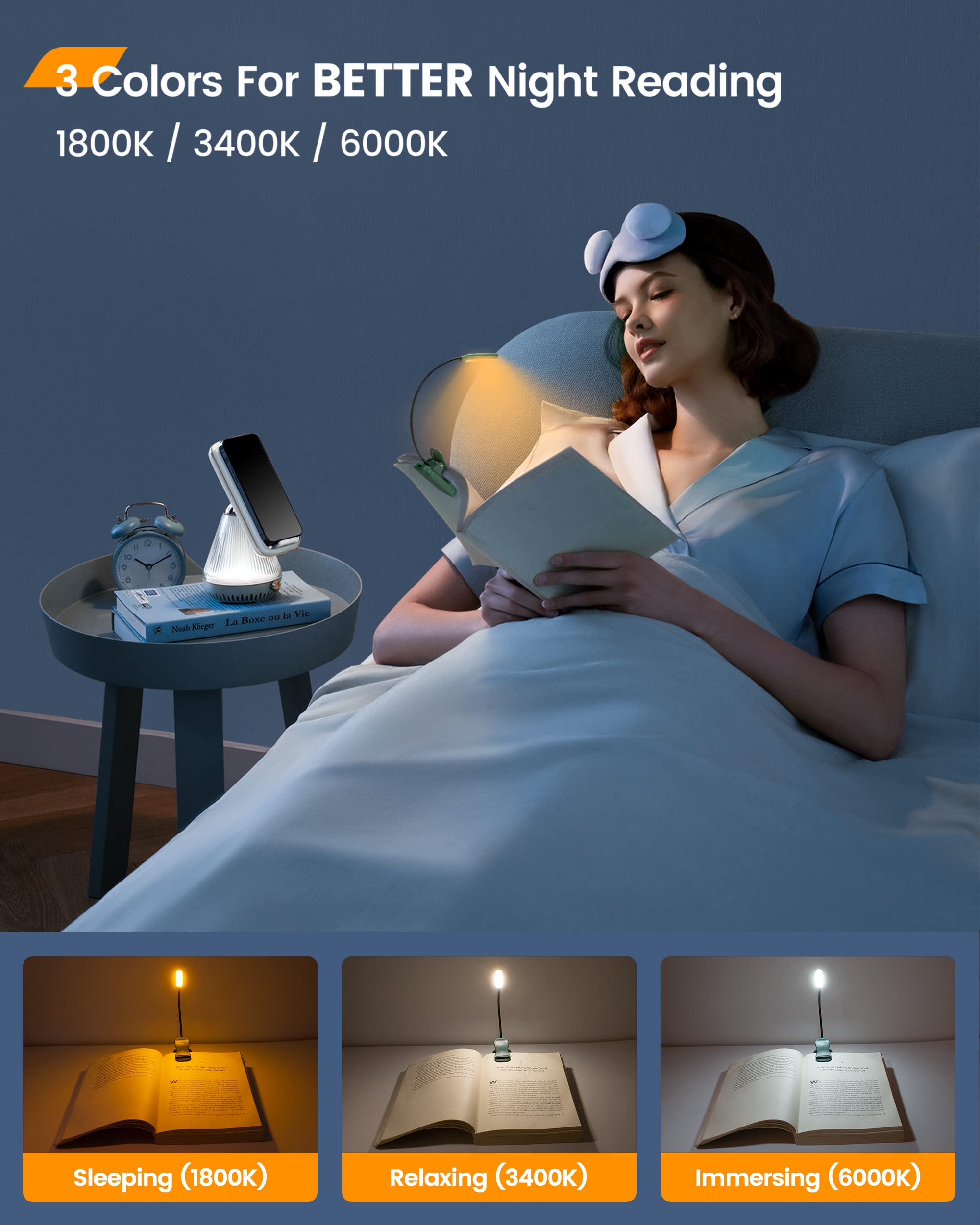 Glocusent Willow Book Light for Reading in Bed, 10LED Bright Reading Light, 3 Colors & 3 Brightness, Rechargeable Book Light Las