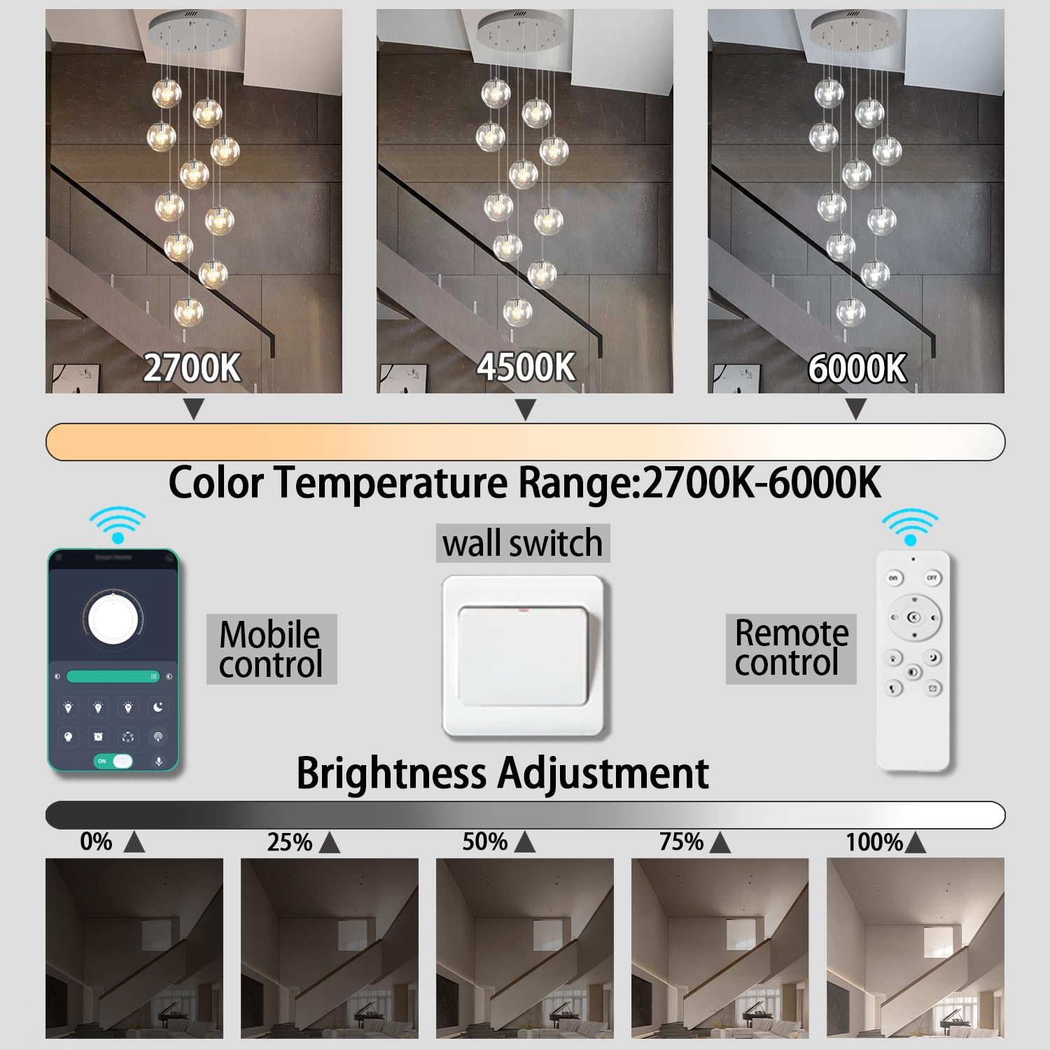 Ykolupty Silver Led Staircase Chandelier 10-Light Clear Glass Ball Chandelier Dimmable Pendant Lights Large Chandeliers For High
