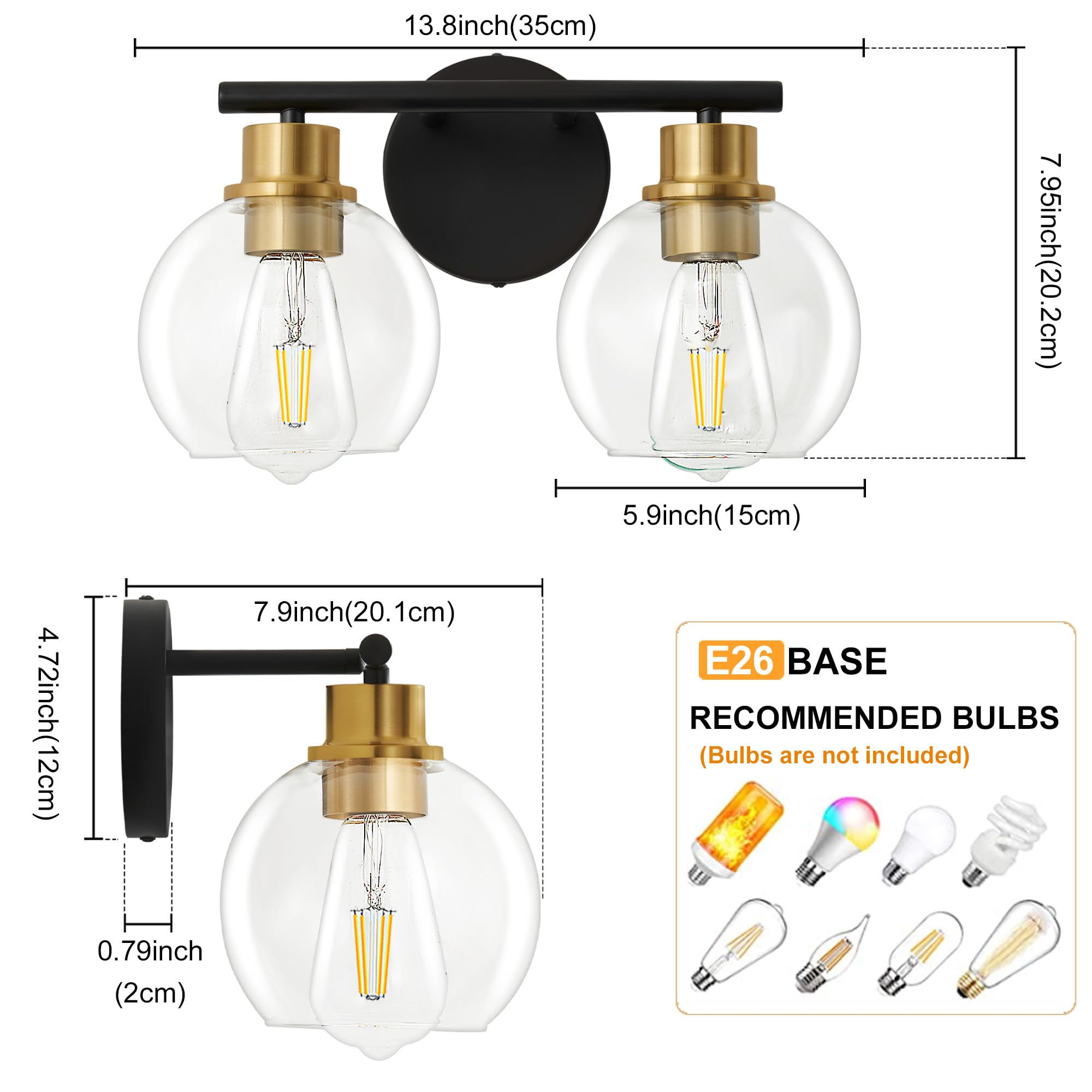Lanmate 2-Light Bathroom Light Fixtures Black And Gold Vanity Light 13.8 Inch Bathroom Lights Over Mirror With Clear Glass Globe