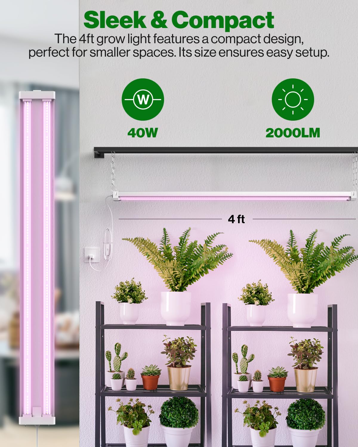 Sunco Lighting 4FT LED Grow Light, Full Spectrum, 40W, 2 Pack, Red/Blue Spectrum, Plug-in for Indoor Plants, Seedlings, Vegetables, Flowers