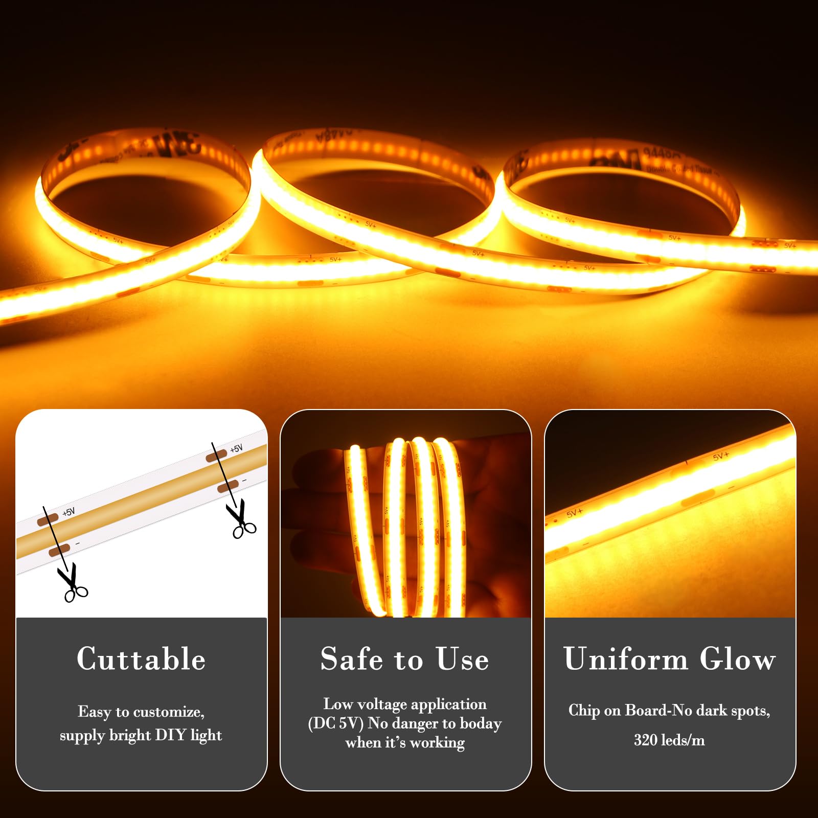 Led Strip Lights Yellow 5V Usb Not Dimmable Flexible Cob Led Rope Lights 320 Leds/M Super Bright Gold Bendable Tape Lights With