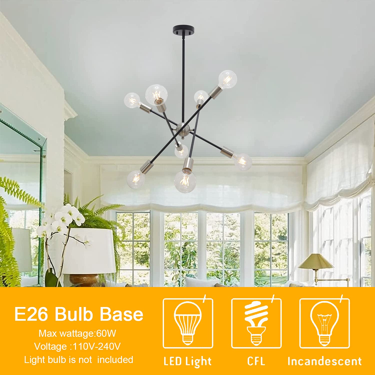 BONLICHT 8 Lights Sputnik Chandelier Pendant Light, Black and Brushed Nickel, Model 3003-10BR, Mid Century Modern Industrial Style