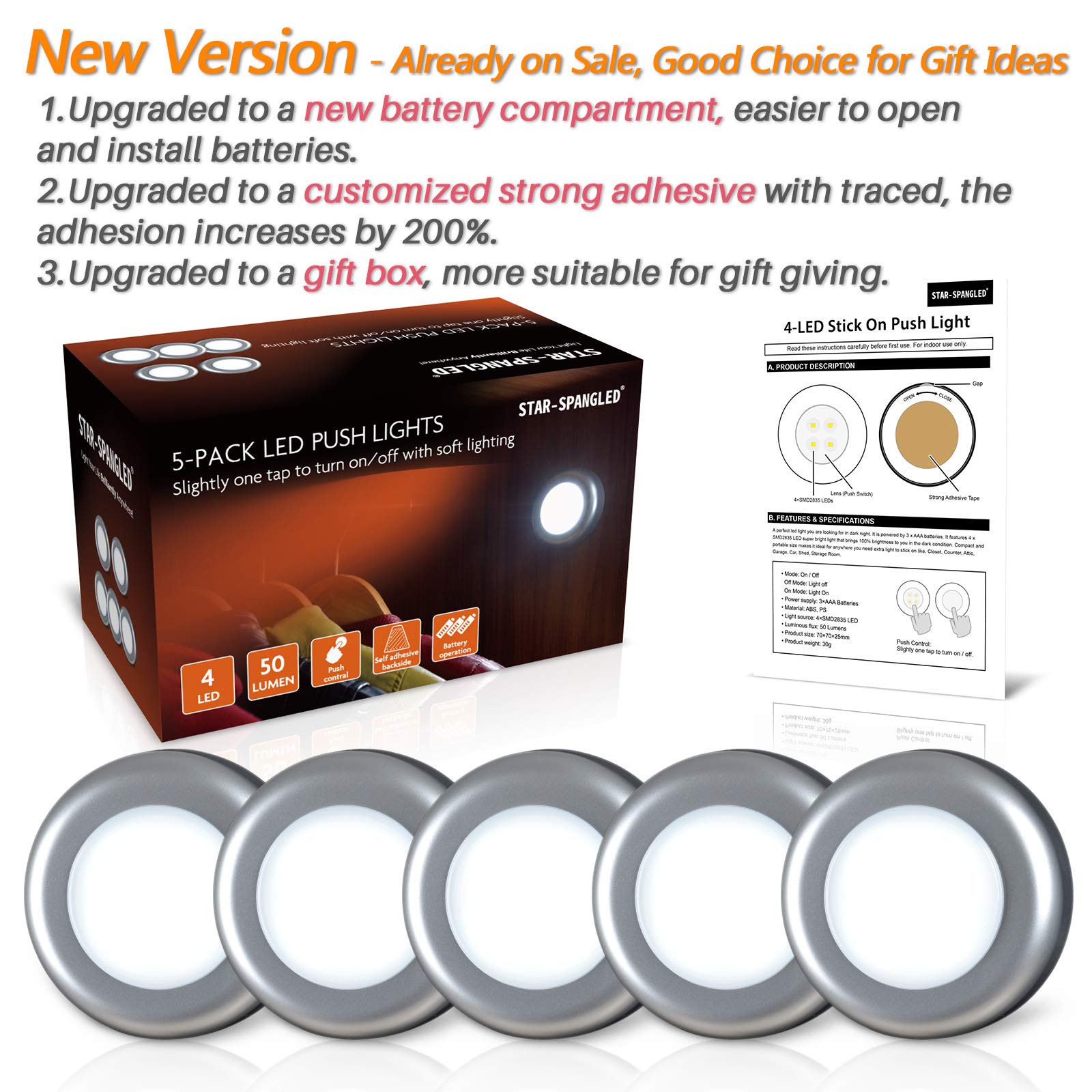 Star-Spangled Tap Light - Battery-Powered Mini Led Puck Lights, 7Cm, Silver, 5-Pack, Ideal For Closets & Under Cabinets