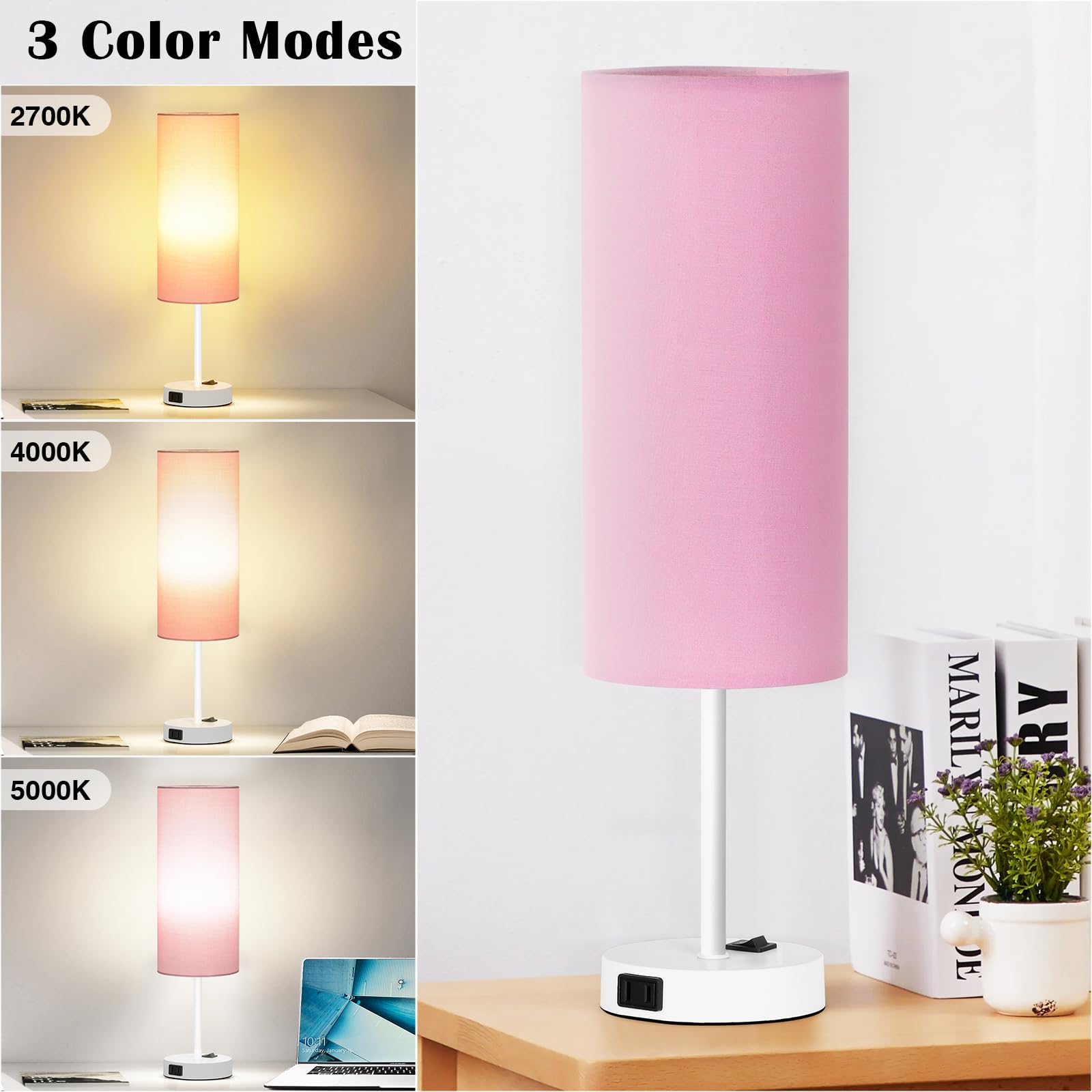 Zjojo Table Lamp For Bedroom 2 Pack,18In Bedside Lamps With 3 Way Dimmable Rocker Switch & Ac Outlet,Nightstand Desk Lamp With P