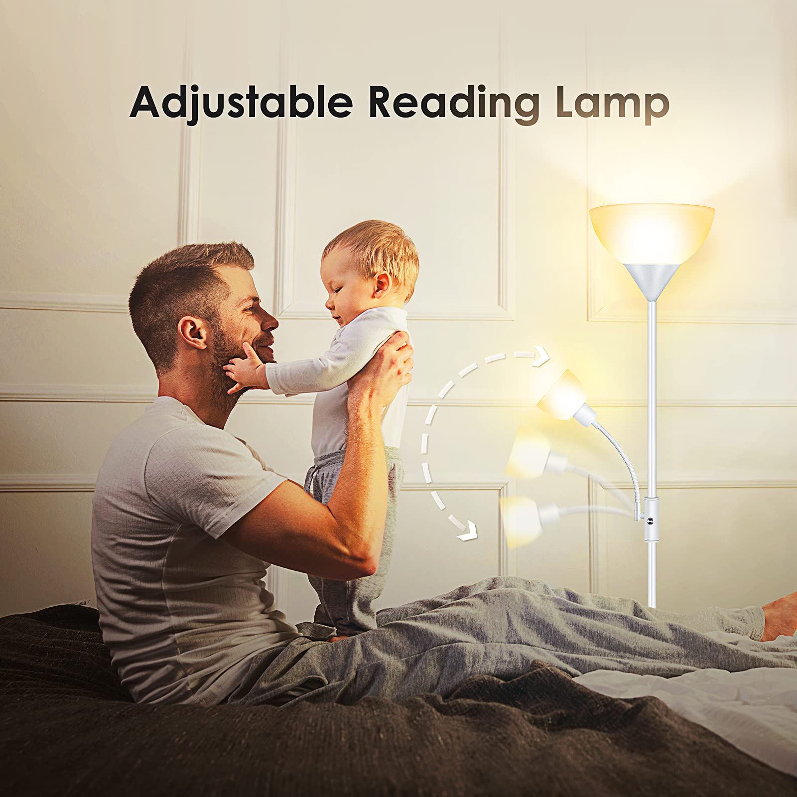 BoostArea LED Floor Lamp, 9W Torchiere with 4W Adjustable Reading Light, Medium White, Metal, Model HD002ZMH