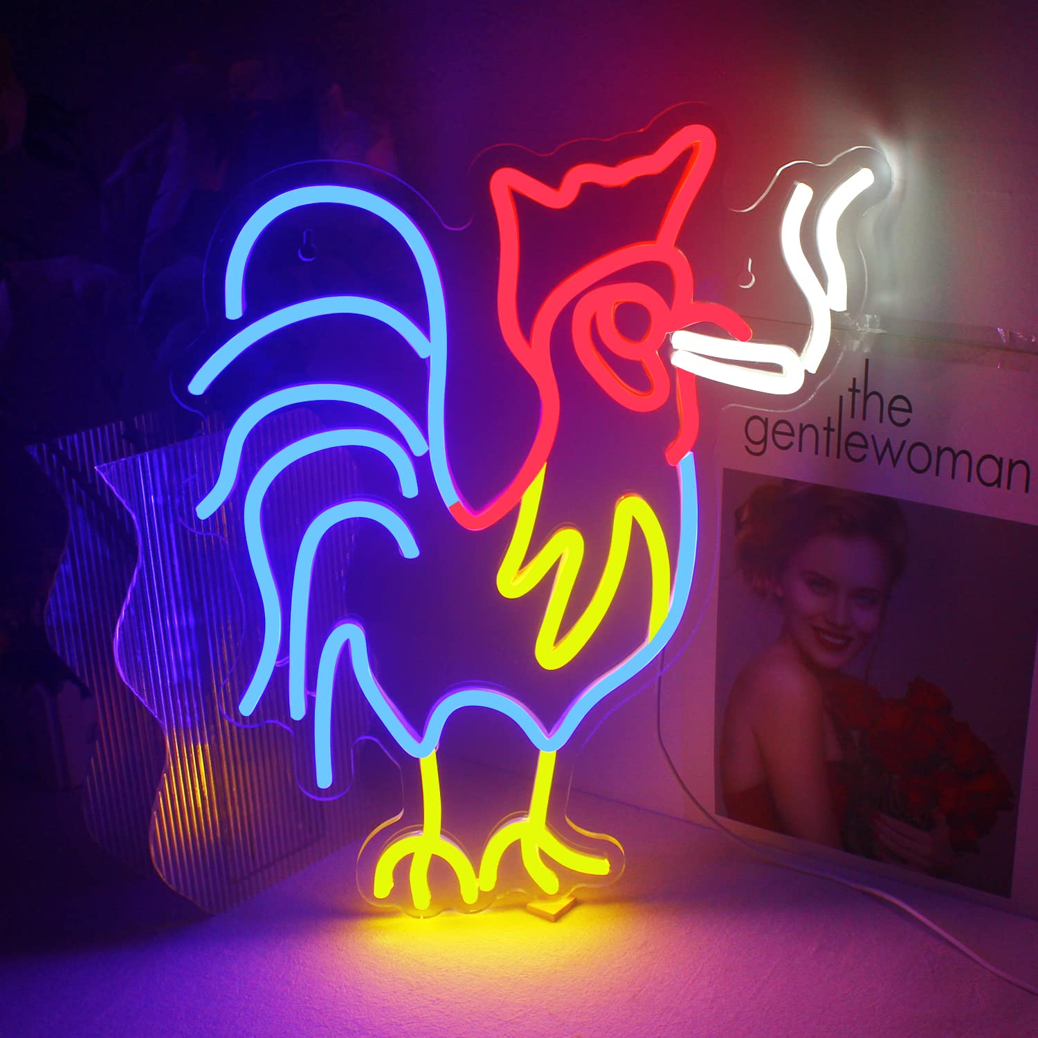 Ineonlife Neon Rooster Sign - Red Blue Led Wall Decor, Acrylic, Model Ns156, Colorful-B-Rooster, Unique Birthday Party Gift
