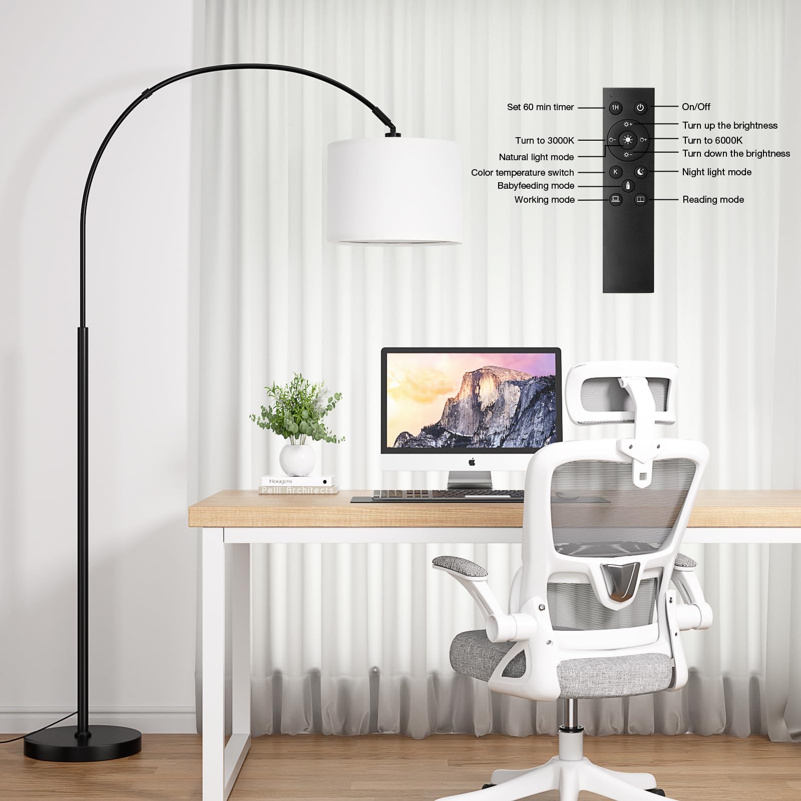 Ambimall 70'' Dimmable Arc Floor Lamp With Remote, Color Temperatures And Brightness Adjustable, Arched Floor Lamp With Rotating