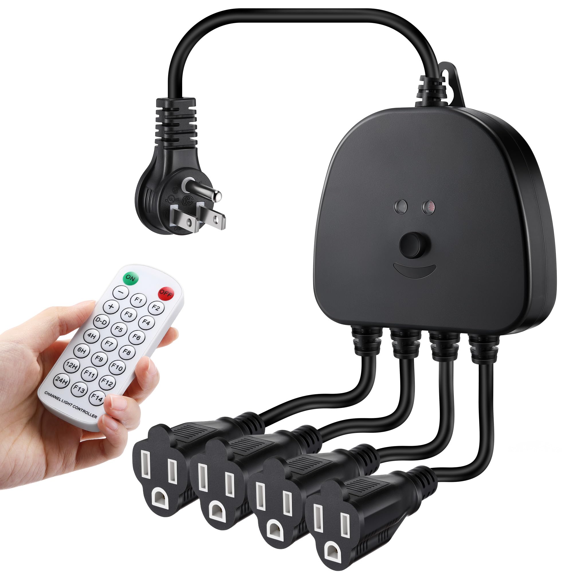 Gulfmew Christmas Light Controller With Remote  Multiple Lighting Effects  Timer  Dusk To Dawn Sensor Control  For Indoor Outdoor Holiday Xmas Lights  Waterproof(4 Channel/14 Functions Black)