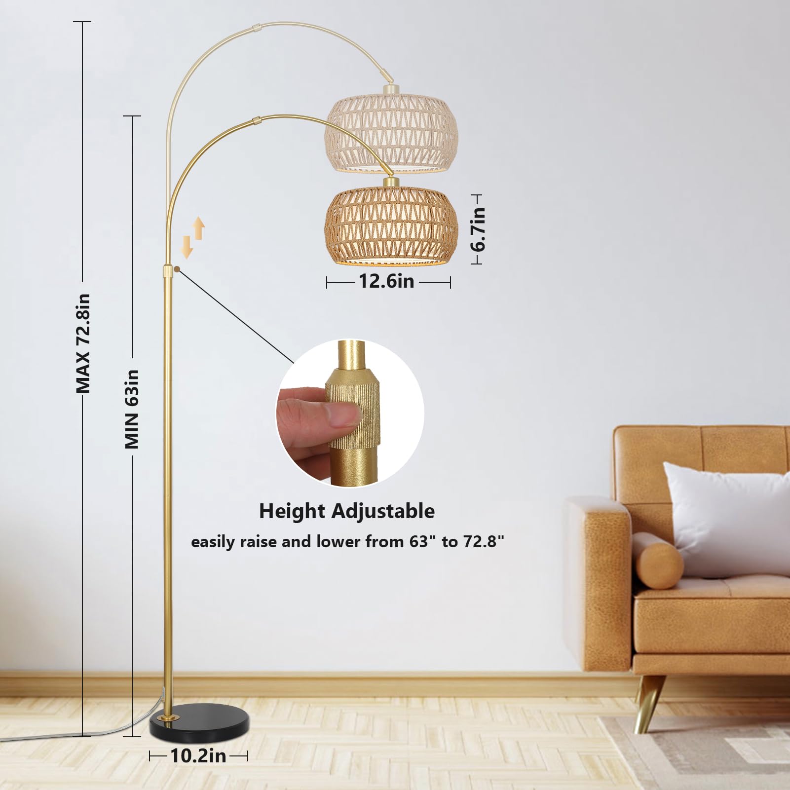 Gold Floor Lamps For Living Room, Arc Floor Lamp With Remote & Dimmable Bulb, Boho Rattan Standing Lamp With 3 Color Temperature