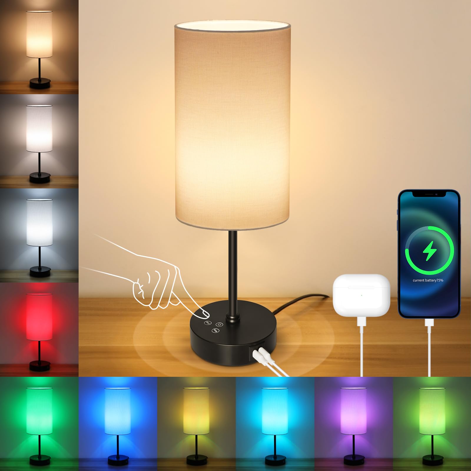Unicozin Table Lamp, 3 CCT Color Changing, Stepless Dimmable, 17in, White - Black