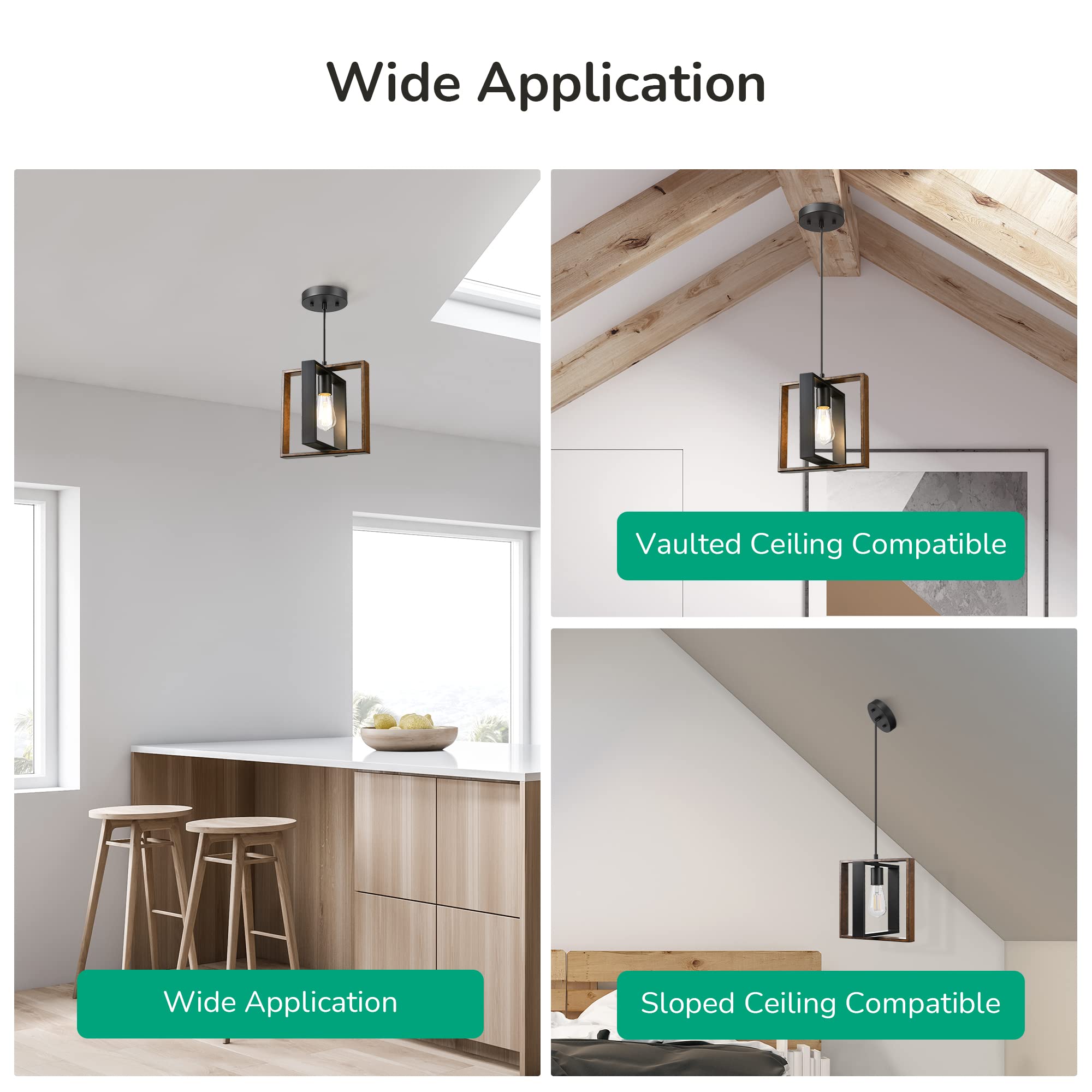 EDISHINE Farmhouse Pendant Light, Rustic Black & Wood Finish, Adjustable Cord, Model HHPL08C for Kitchen, Dining, Hallway
