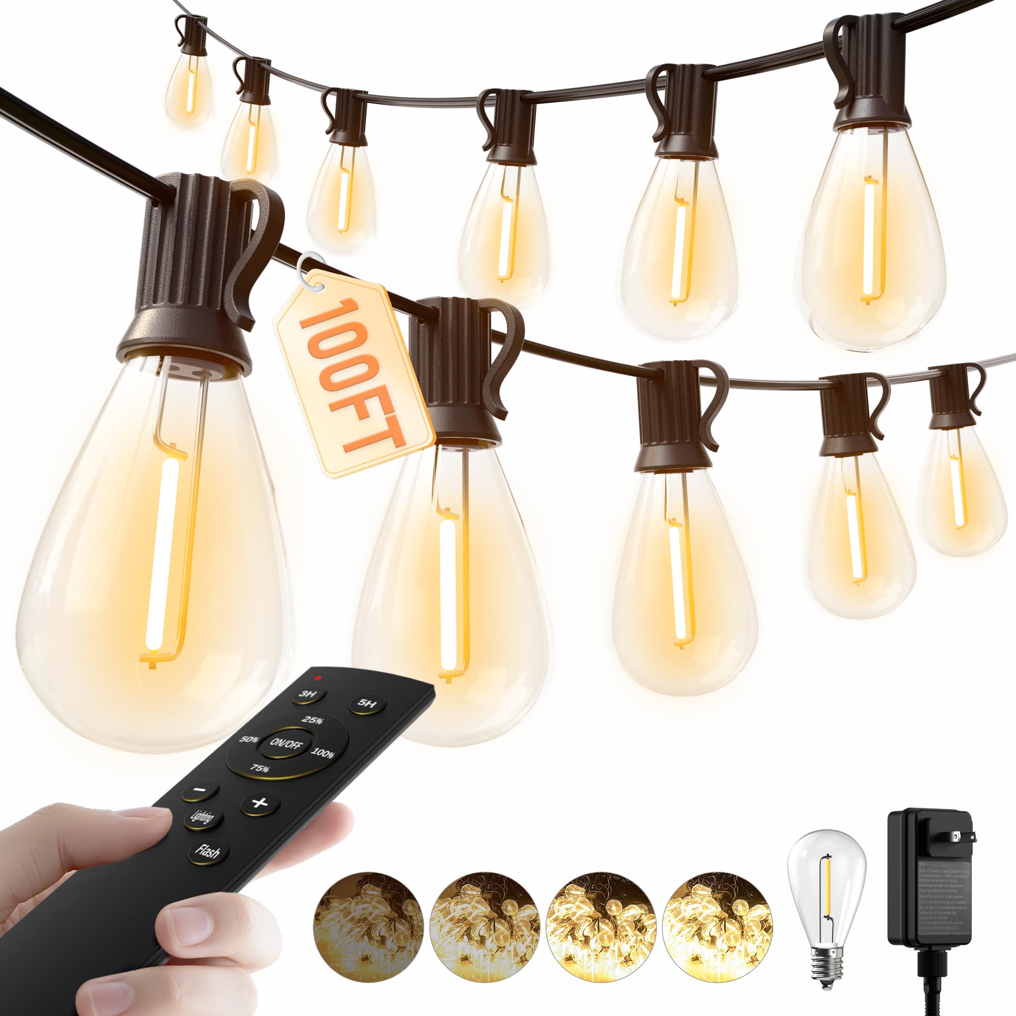 luckystyle LED Outdoor String Lights, 100FT, Warm Yellow-2200K, 35+1 Shatterproof Bulbs, Waterproof, Dimmable, Model S11