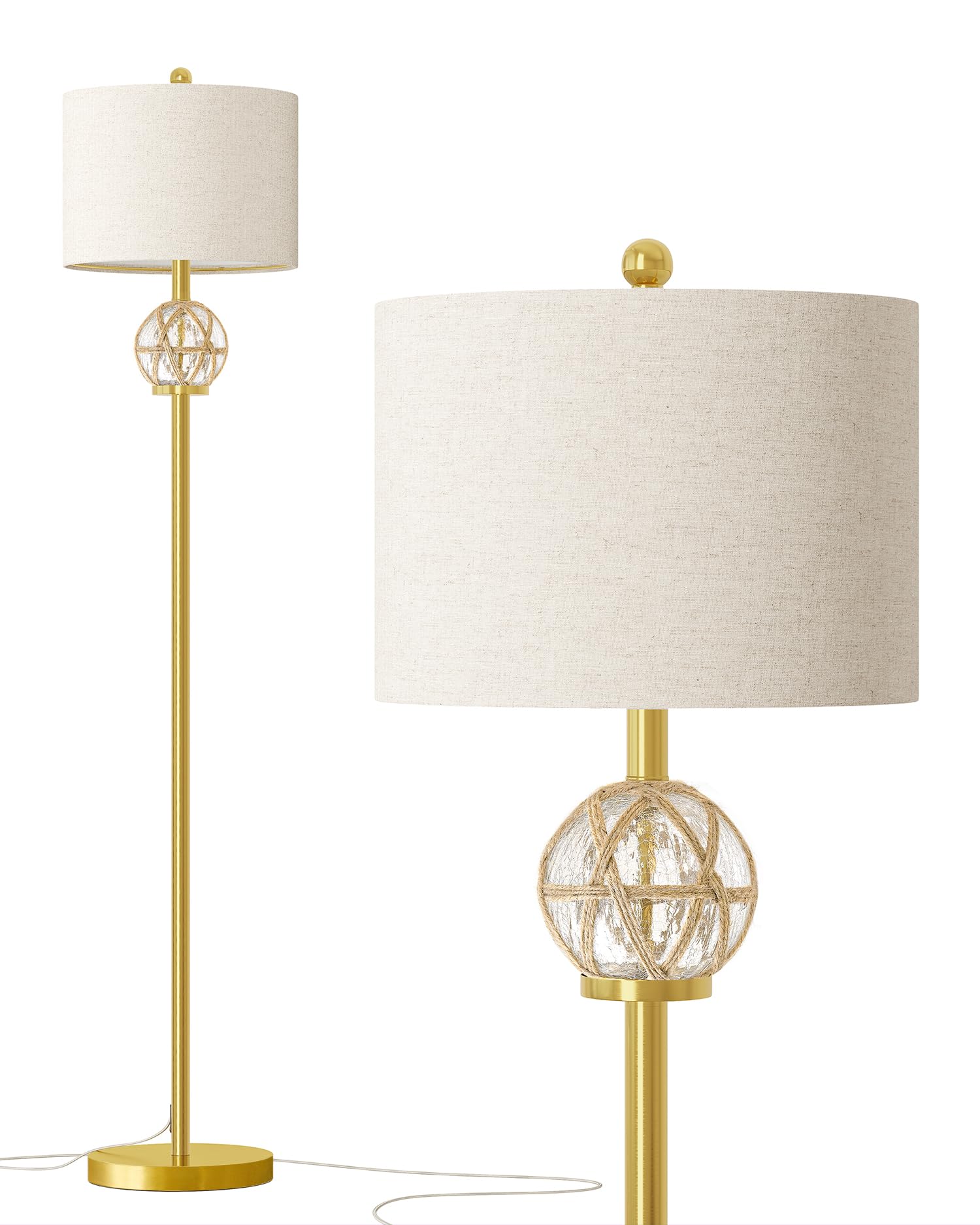 Oneach 61.5Modern Floor Lamp For Living Room, Gold Boho Standing Lamp With Rattan Glass Design, Rotary Switch, Farmhouse Tall La
