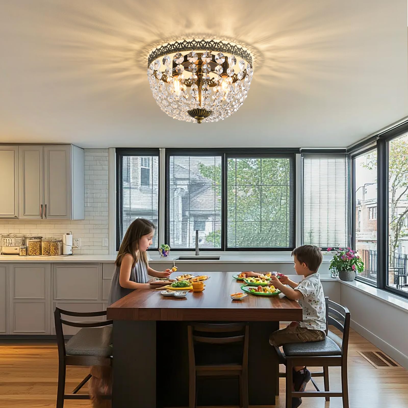 Kaiqi 3 Lights French Empire K9 Crystal Flush Mount Chandelier Lighting Antique Ceiling Light Fixture For Dining Room Entrance H