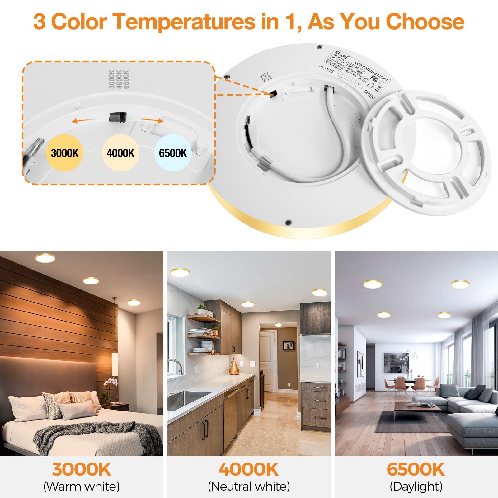 1Pack Led Flush Mount Ceiling Light Fixture, 3000K-4000K-6500K & 100W Equivalent Modern Kitchen Recessed Ceiling Lamp 12W 1200Lm