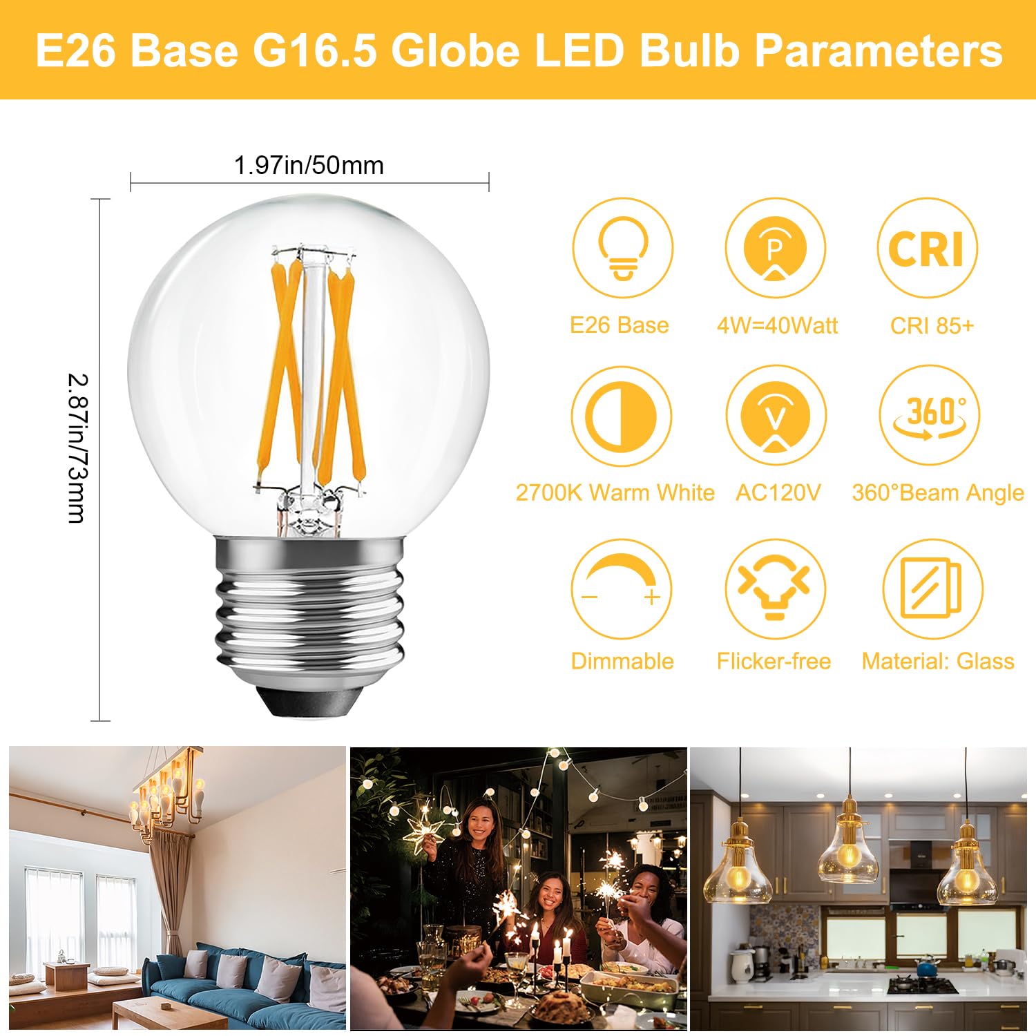 Brimax 10 Pack G16.5 Led Light Bulbs 40 Watt, E26 Dimmable Small Globe Led Bulbs 4 Watt Edison Bulb 2700K Warm White,Ac120V,Flic