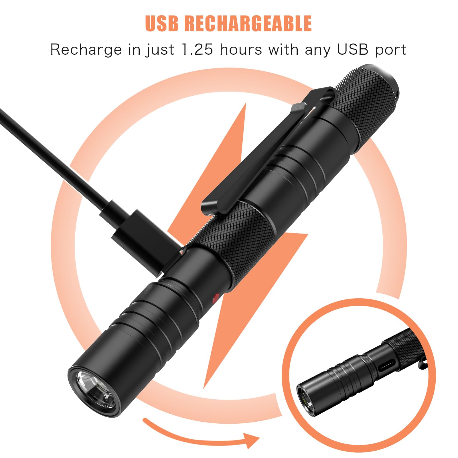 Elfgo Rechargeable Pen Light Flashlight, Zoomable Led Penlight Flashlight 3 Modes, 350 Lumens Pocket Size Clip Flashlight Small