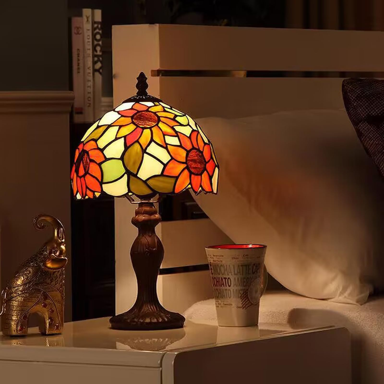 Tuomoxte Tiffany Style Table Lamp,Sunflower Stained Glass Lamp,8X8X15 Inch Small Accent Antique Nightstand Bedside Table Lamps For Bedroom Living Room Home Office W/ 3 Color Temperatures Led Bulb