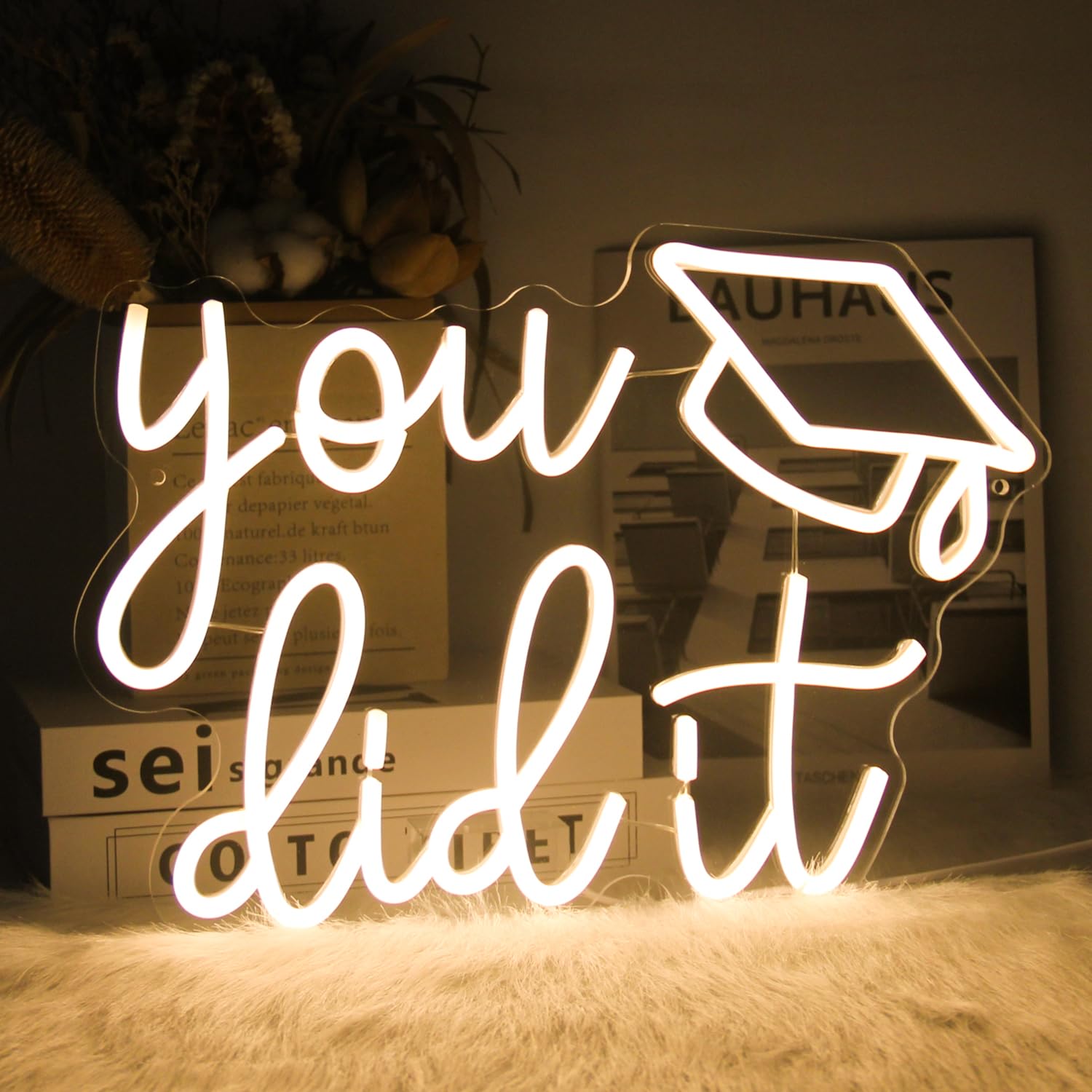 CKTBLEY LED Neon Sign - Congrats Grad Light Up Wall Decor - Warm White - Model CC-Did It - Graduation Party Decoration