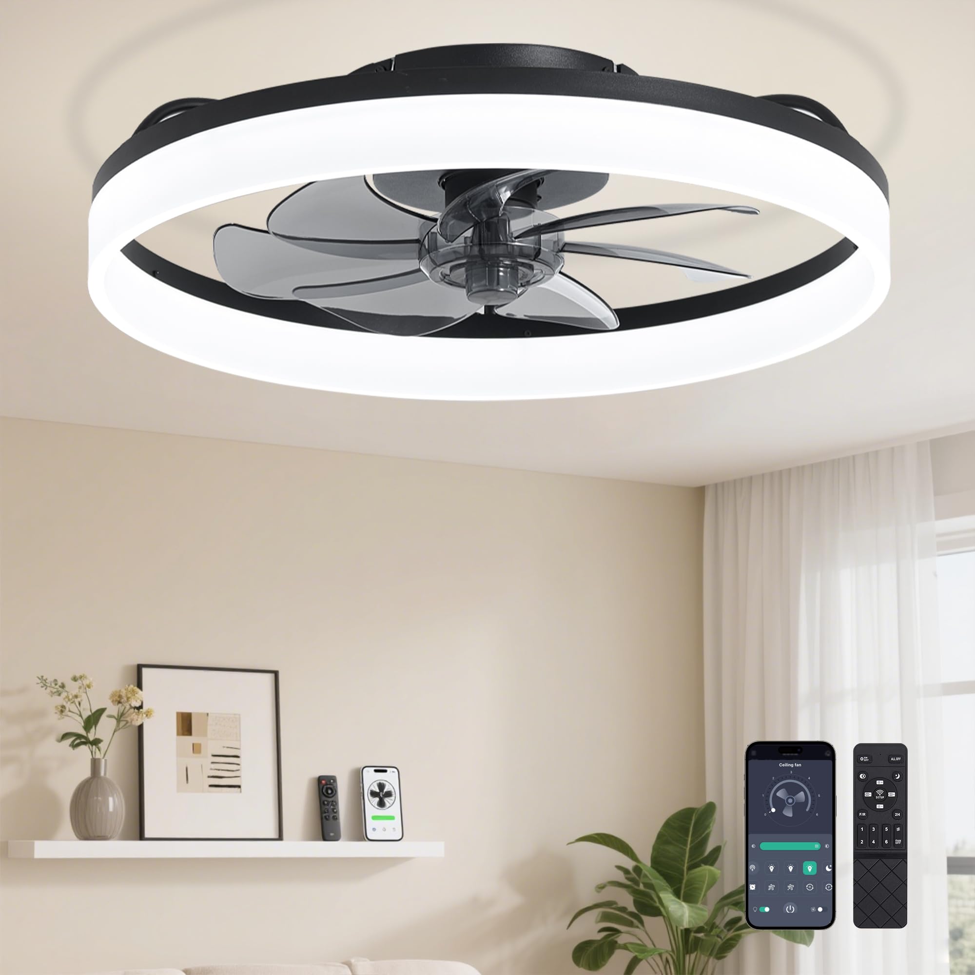Ceiling Fans with Remote and Lights Fandelier - 20 Low Profile Flush Mount Modern Black Ceiling Fans for Bedroom - 6 Speeds and Stepless Color Temperature Change