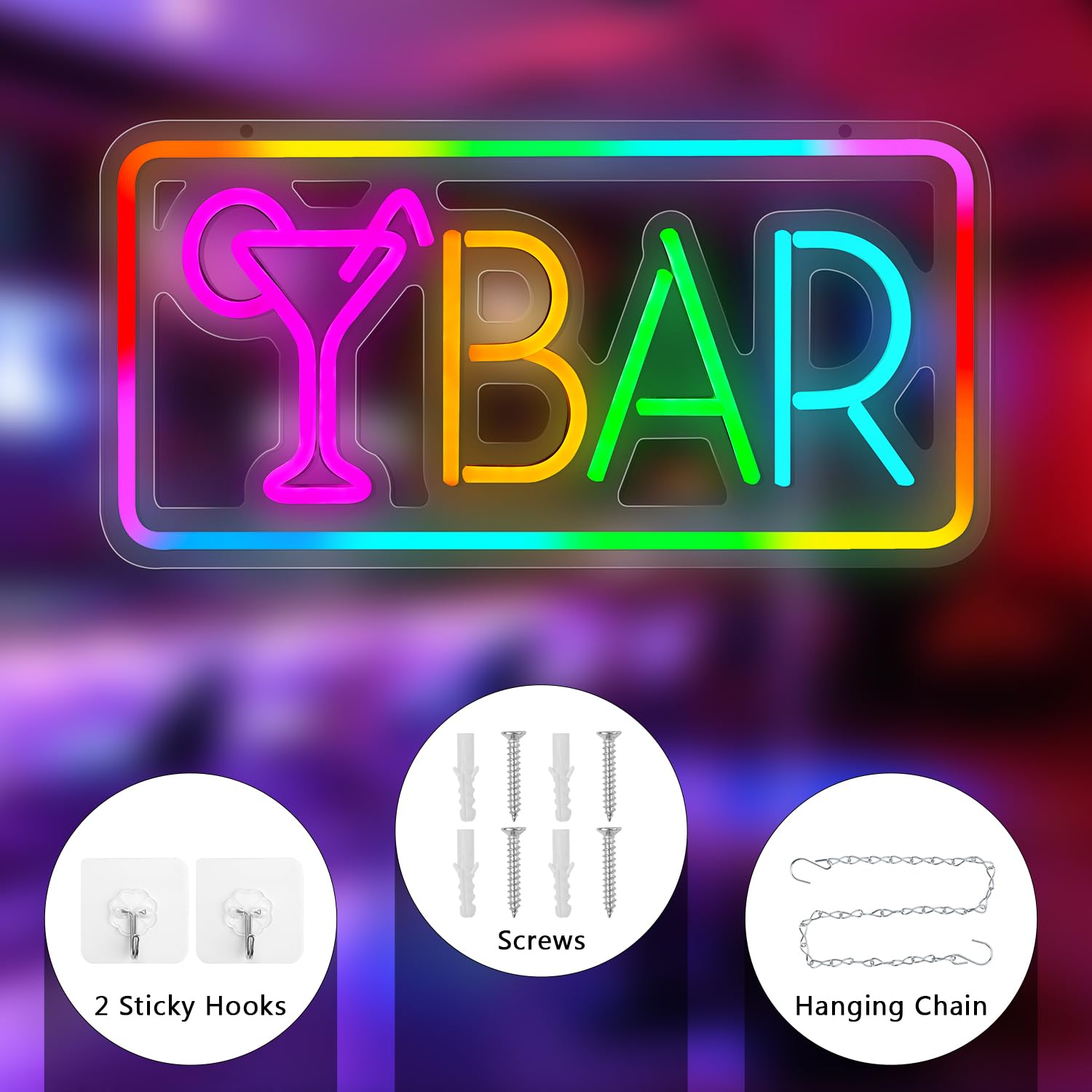 Qusea LED Neon Sign for Wall Decor, Acrylic, USB Powered, 16x8 inches, Bar